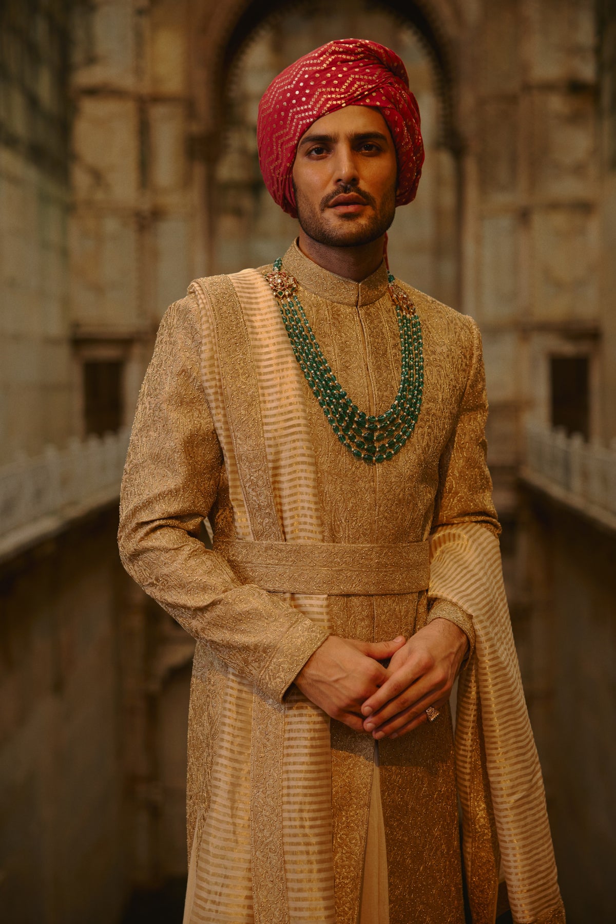 SALMON MATKA SHERWANI BEIGE KURTA CHURIDAR SET