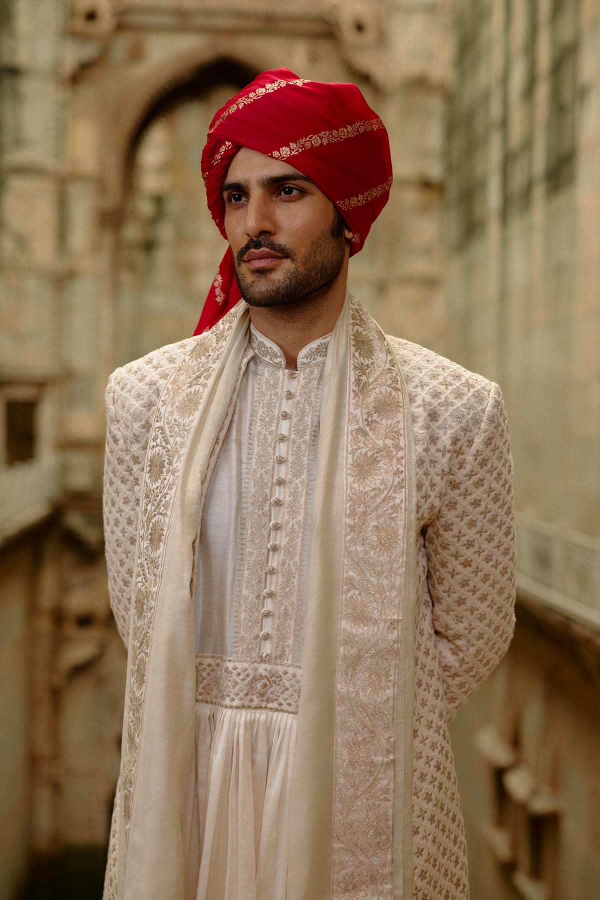 CREAM SHERWANI JACKET WITH CHOGA AND CHURIDAR SET