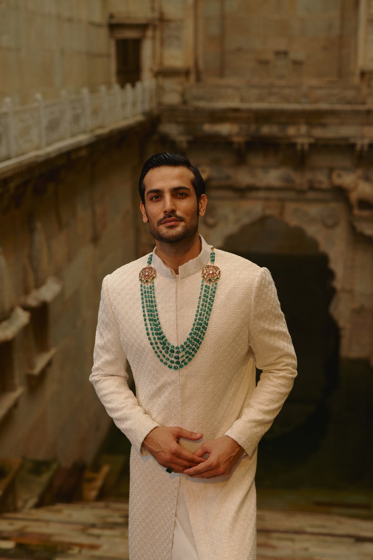 IVORY ALL OVER GEOMETRIC EMBROIDERED SHERWANI SET