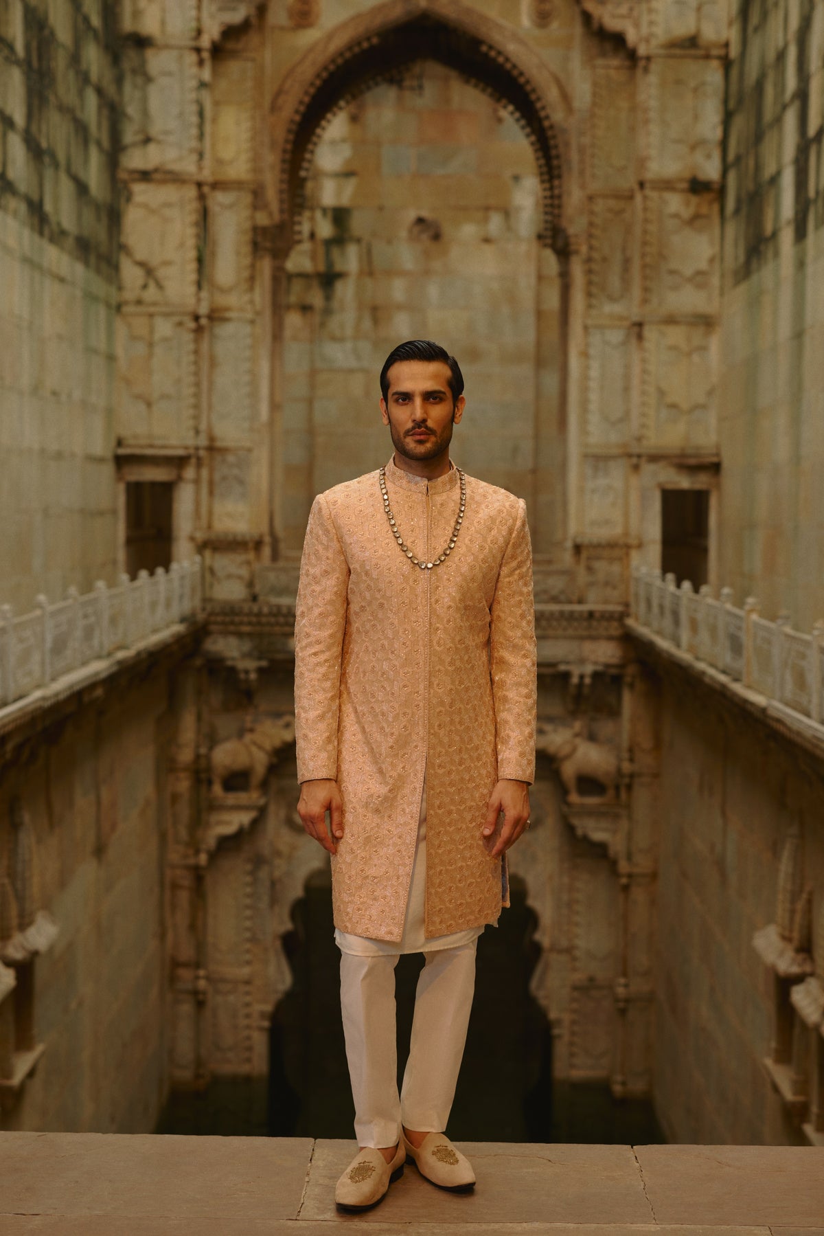 PEACH GEOMETRIC SHERWANI WITH KURTA & TROUSER SET