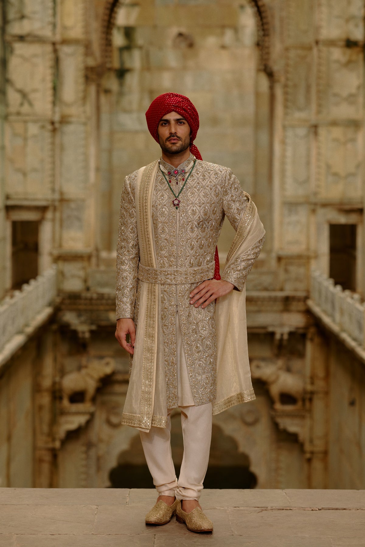 GOLD SHERWANI ZARDOZI EMBROIDERY SET