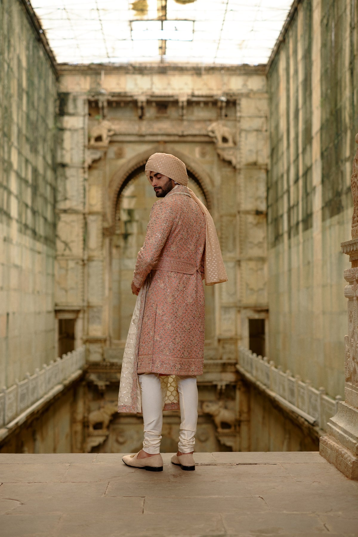 PINK SALMON MATKA SHERWANI WITH BEIGE KURTA CHURIDAR SET