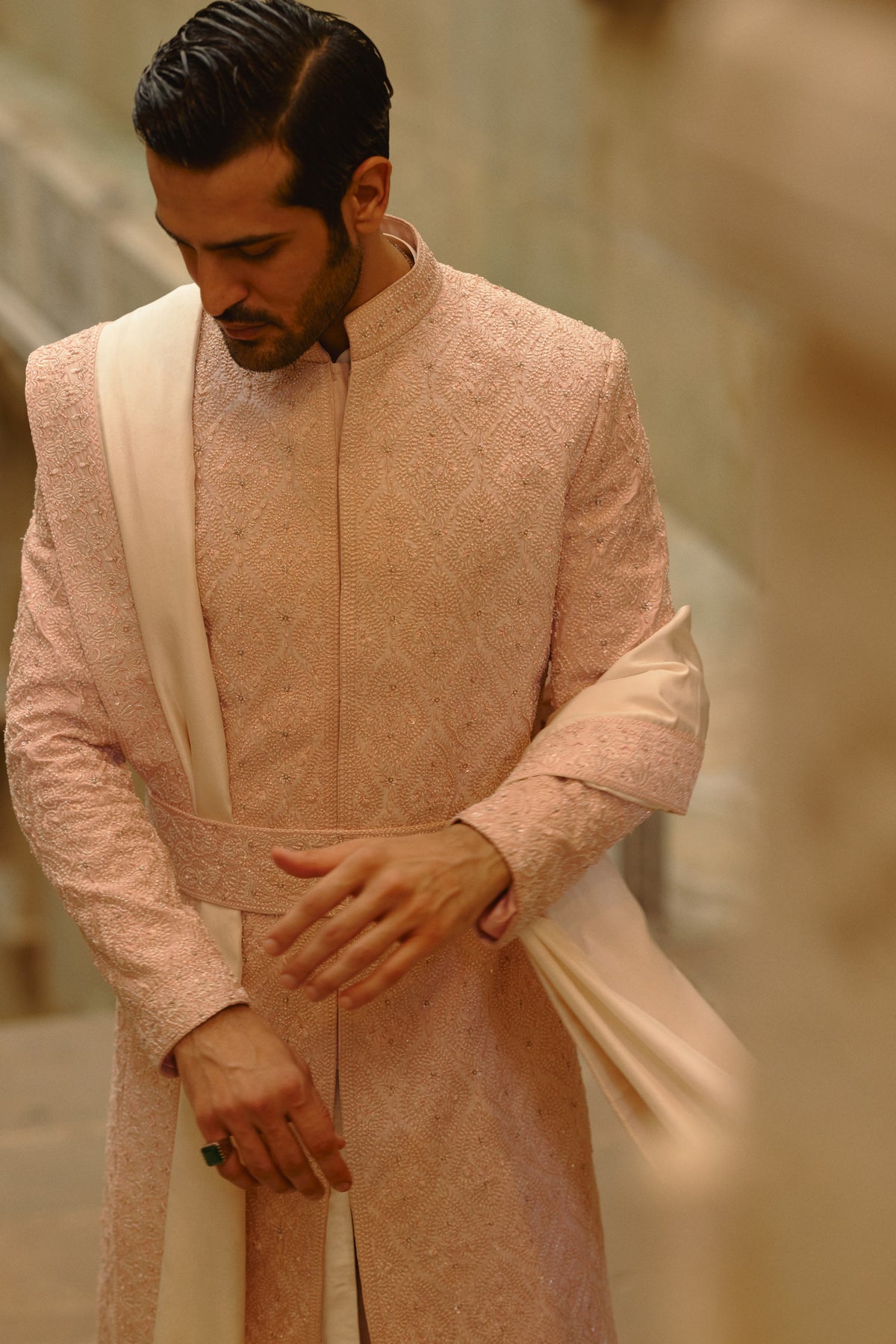 BLUSH PINK TAFFETA SILK SHERWANI SET