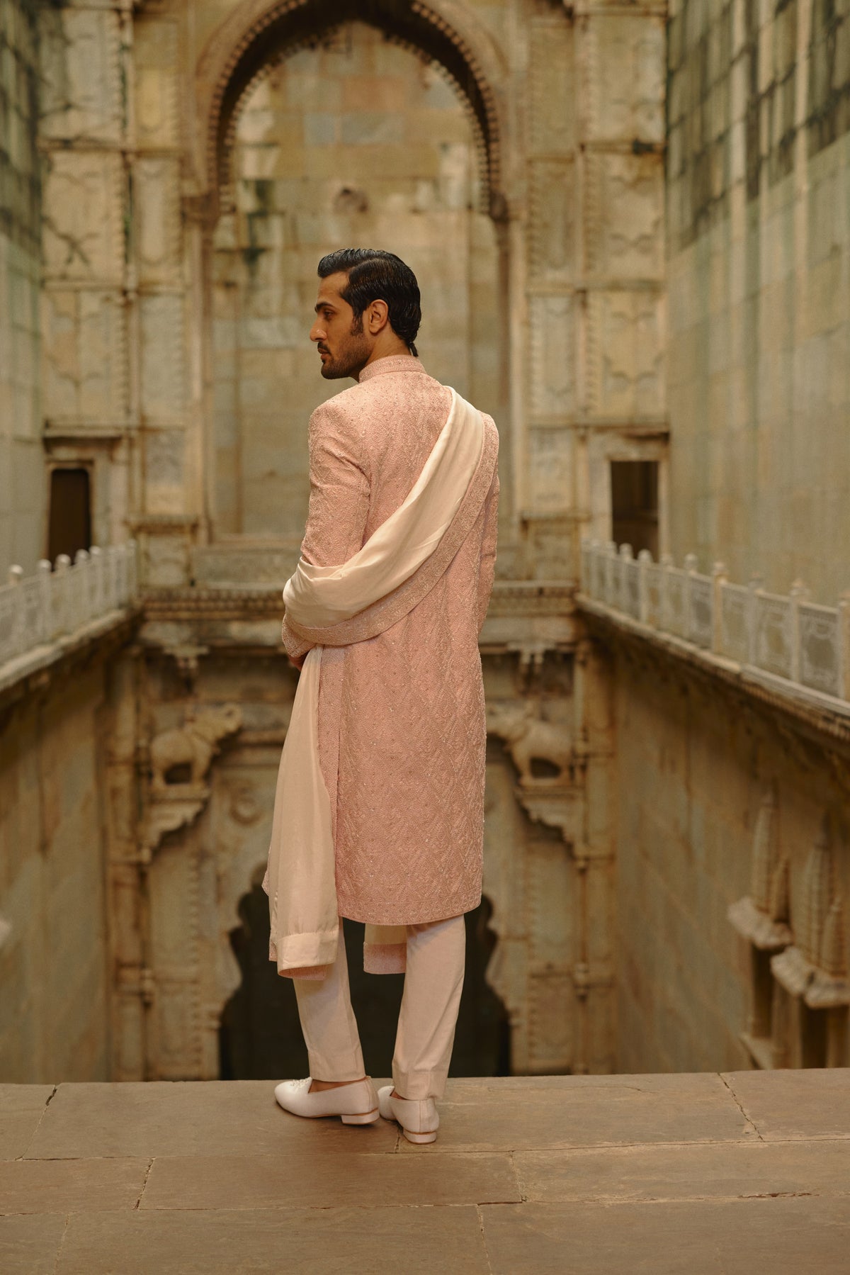 BLUSH PINK TAFFETA SILK SHERWANI SET