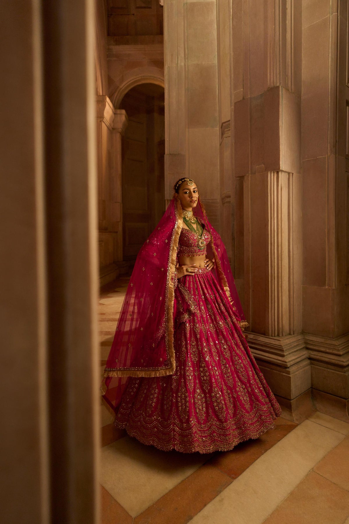 Fuchsia Red Raw Silk Bridal Lehenga Choli with a Tulle Dupatta and an Optional Second Tulle Dupatta