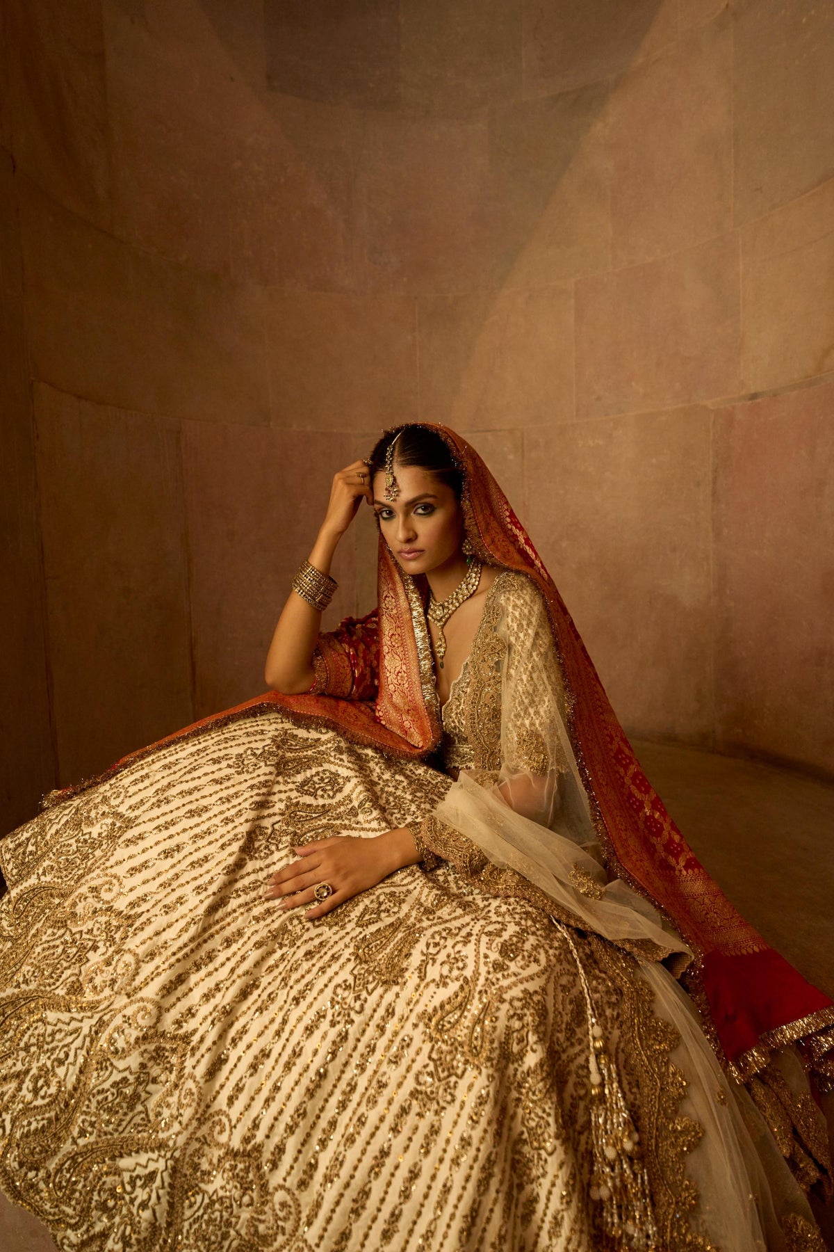 Ivory Tafetta Lehenga Choli Set with a Tulle Dupatta and Optional Bandhej Second Dupatta