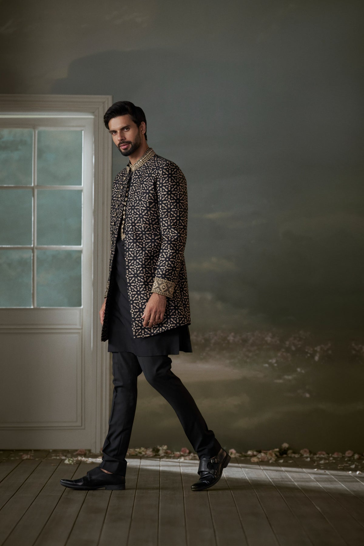 BLACK AND BEIGE PRINTED ACHKAN WITH KURTA AND TROUSER