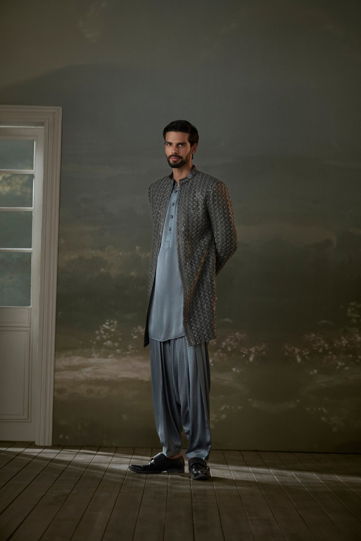 GREY LONG OPEN JACKET WORKED ALL OVER WITH SATIN KURTA AND PATIALA SALWAR