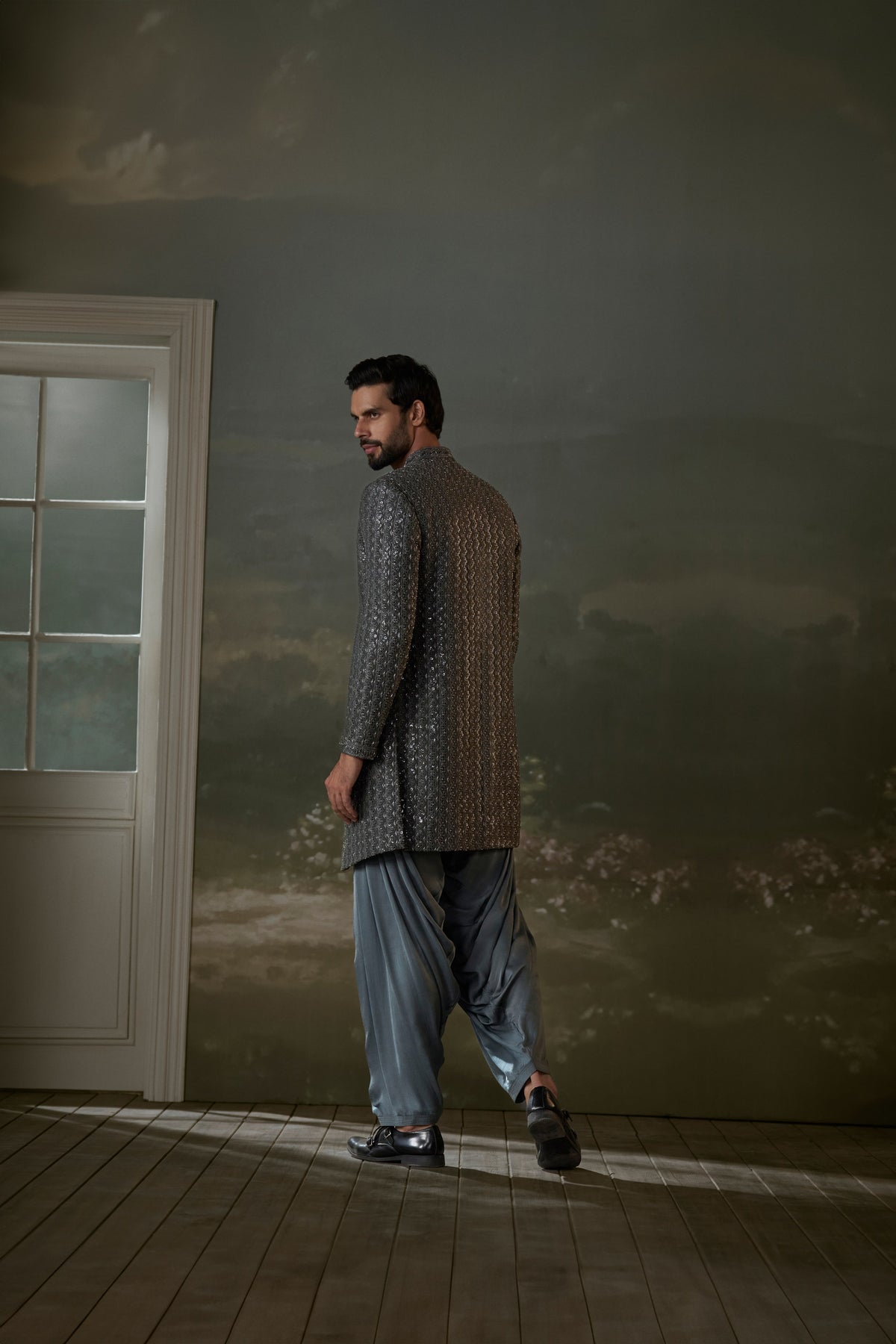 GREY LONG OPEN JACKET WORKED ALL OVER WITH SATIN KURTA AND PATIALA SALWAR