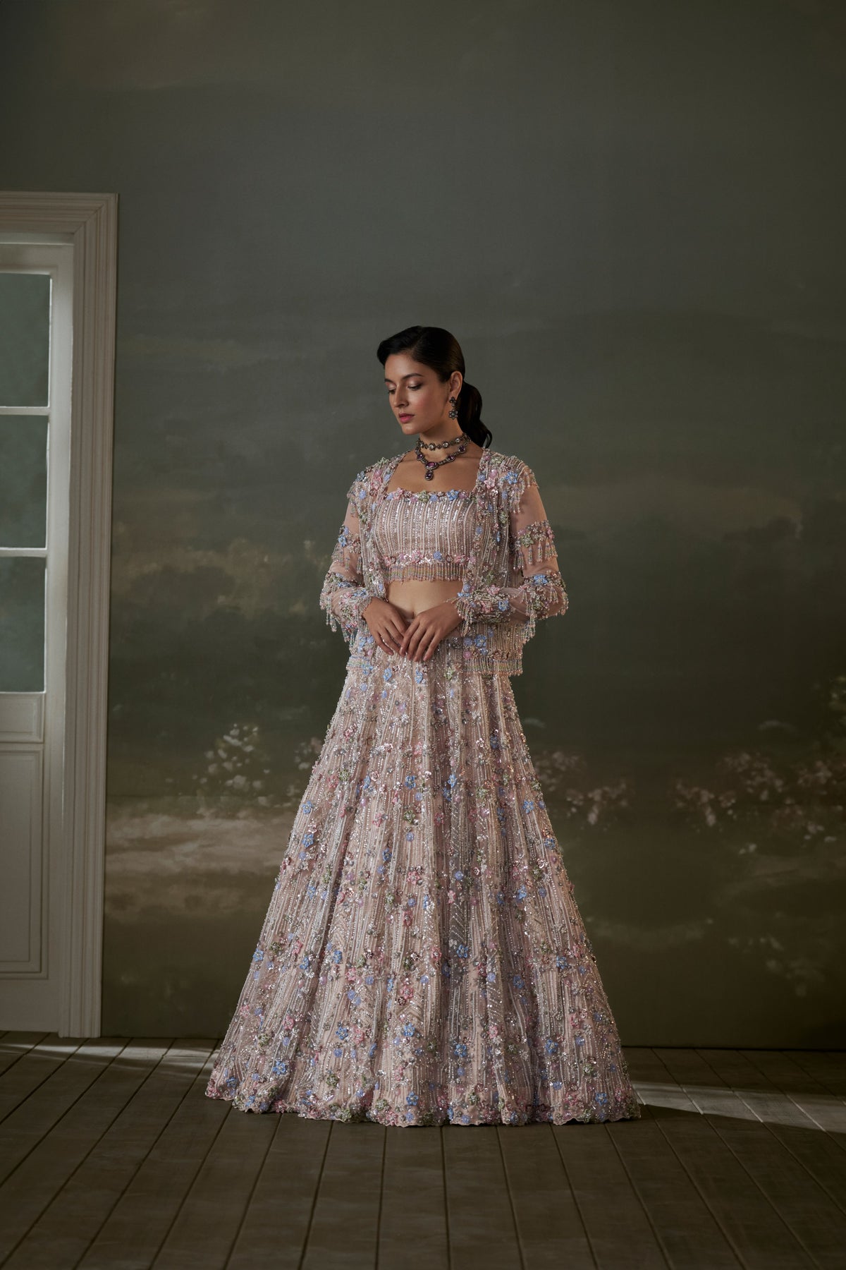 Peach Multicolored Lehenga Choli Set With Jacket