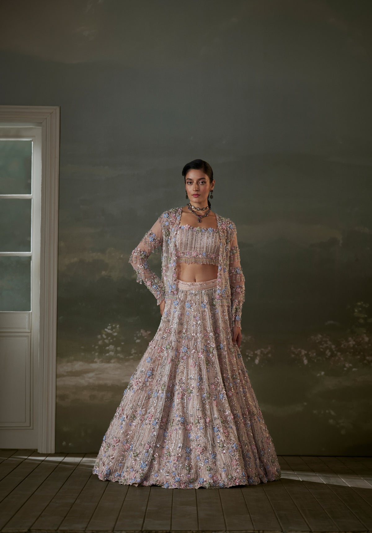Peach Multicolored Lehenga Choli Set With Jacket