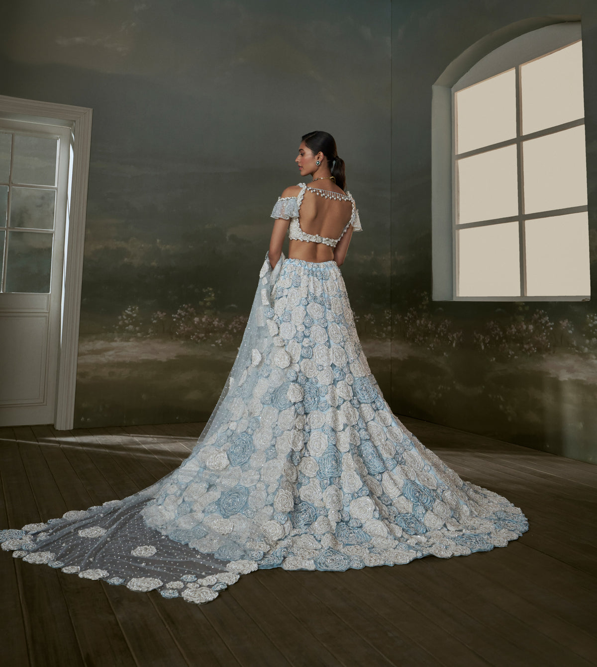 Powder Blue White Trail Lehenga Choli Set