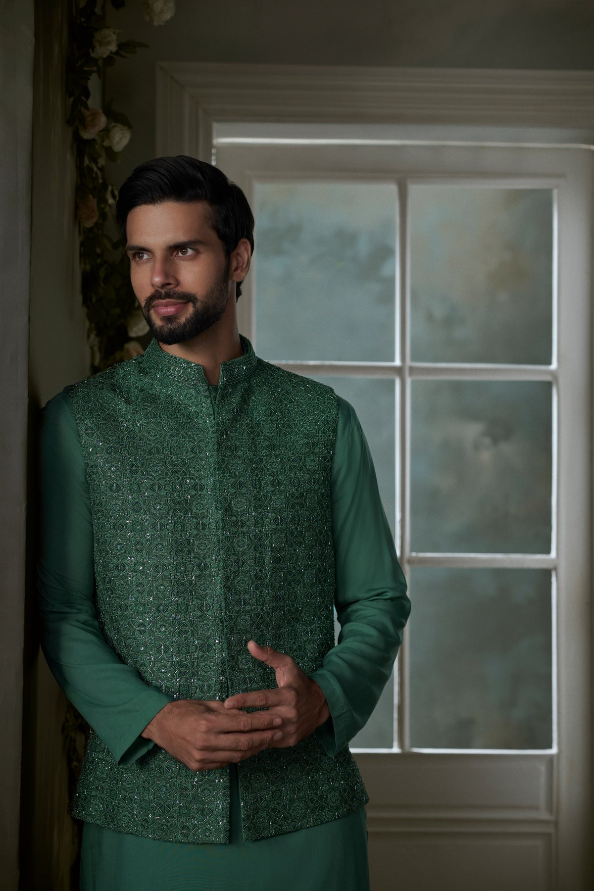 FOREST GREEN BUNDI WITH COTTON SILK KURTA AND SALWAR