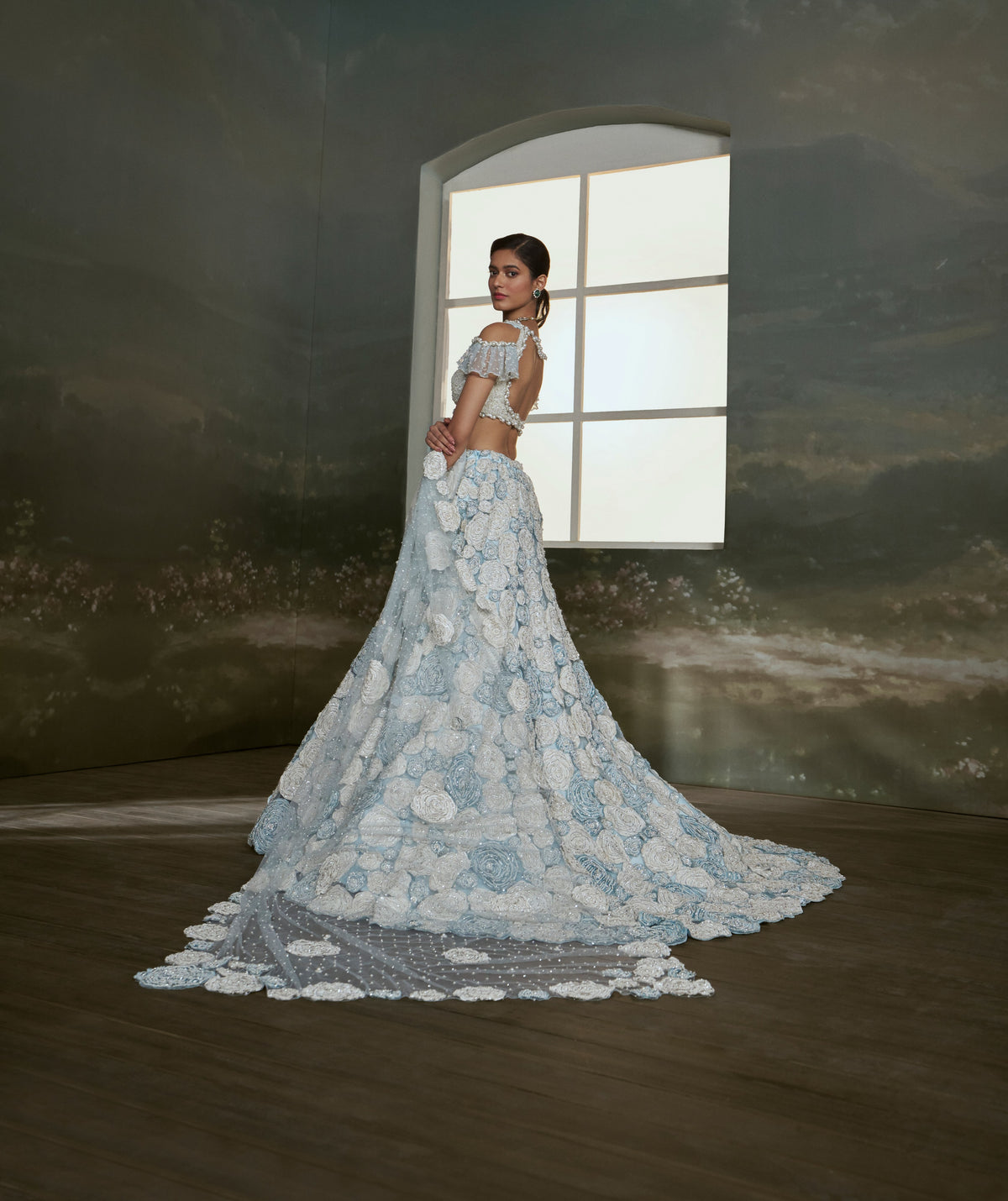 Powder Blue White Trail Lehenga Choli Set