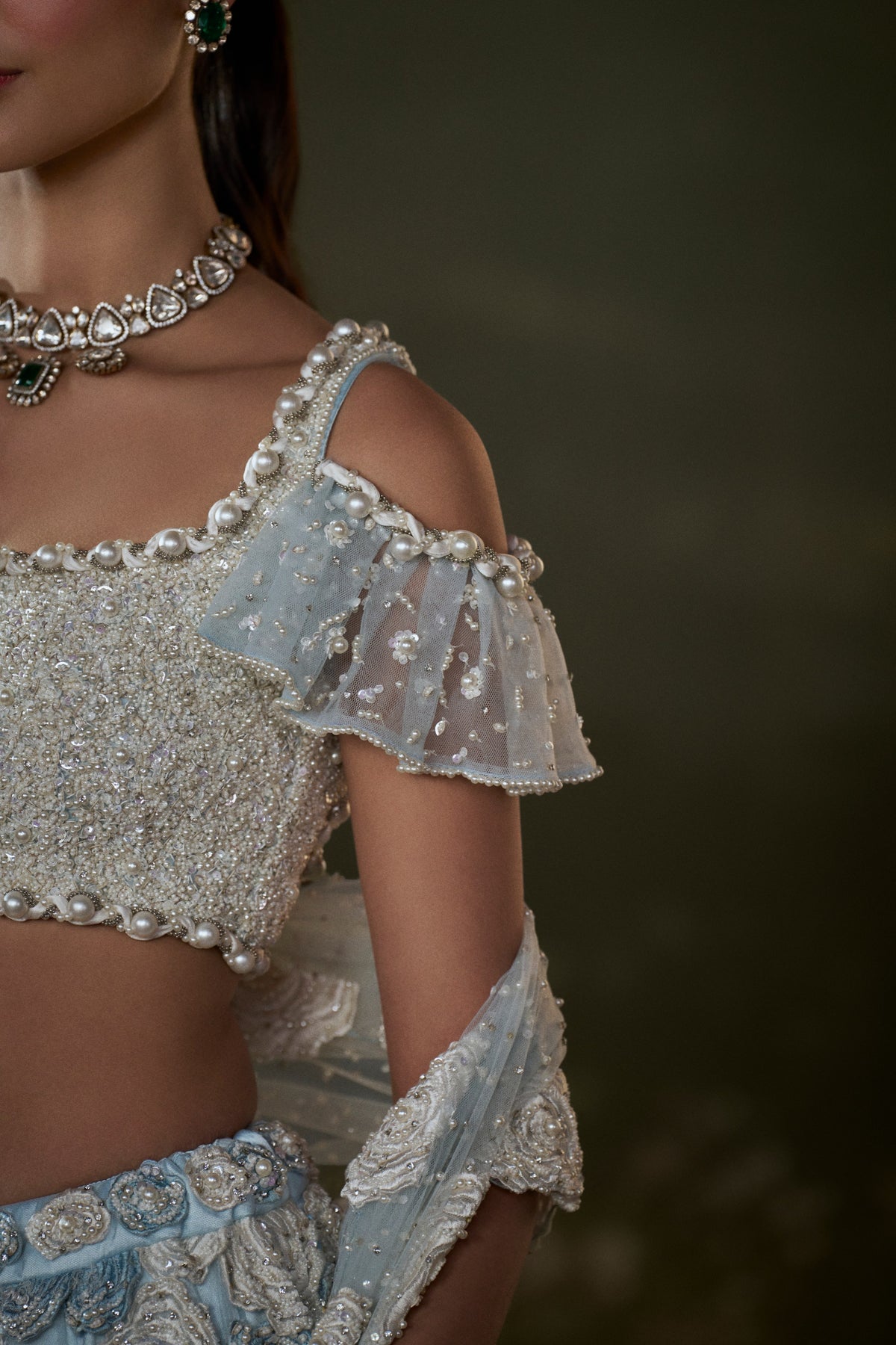 Powder Blue White Trail Lehenga Choli Set