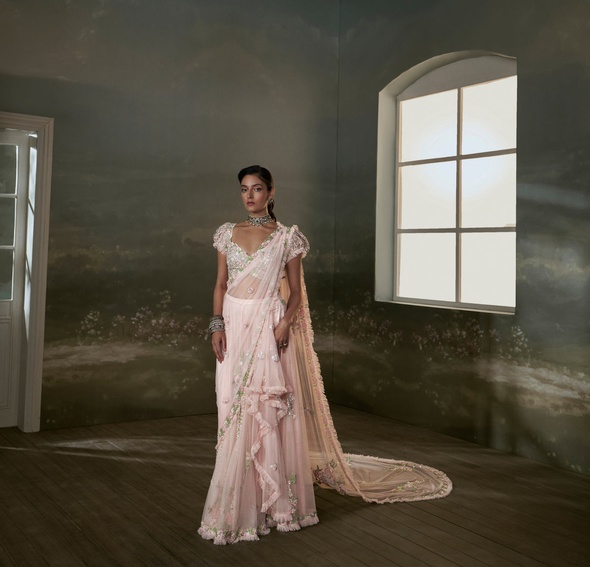 Rose Pink Pre-Draped Saree With Trail