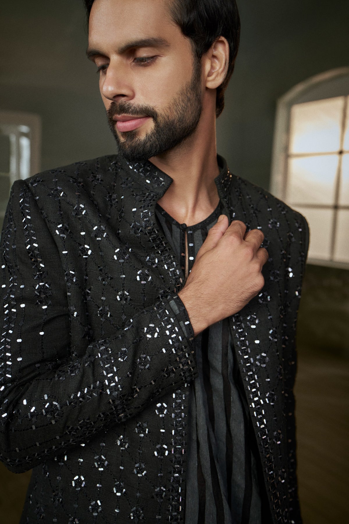 BLACK RAW SILK FULL SLEEVED JACKET WITH KURTA AND SALWAR
