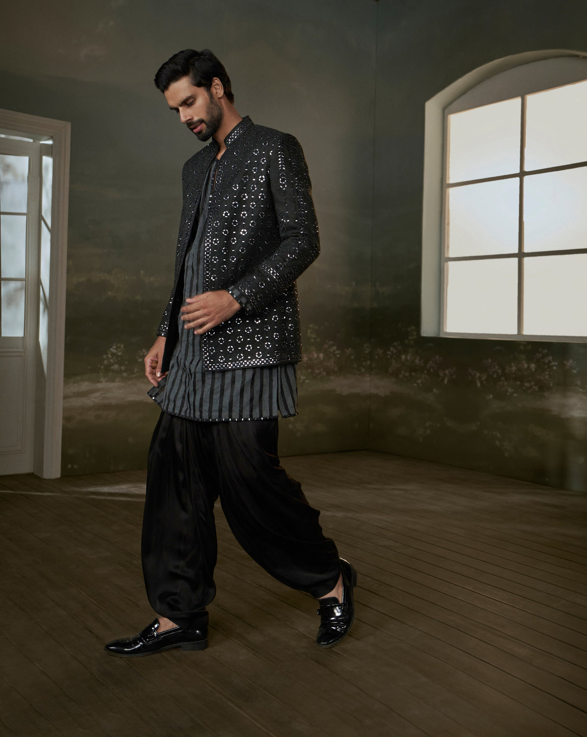 BLACK RAW SILK FULL SLEEVED JACKET WITH KURTA AND SALWAR