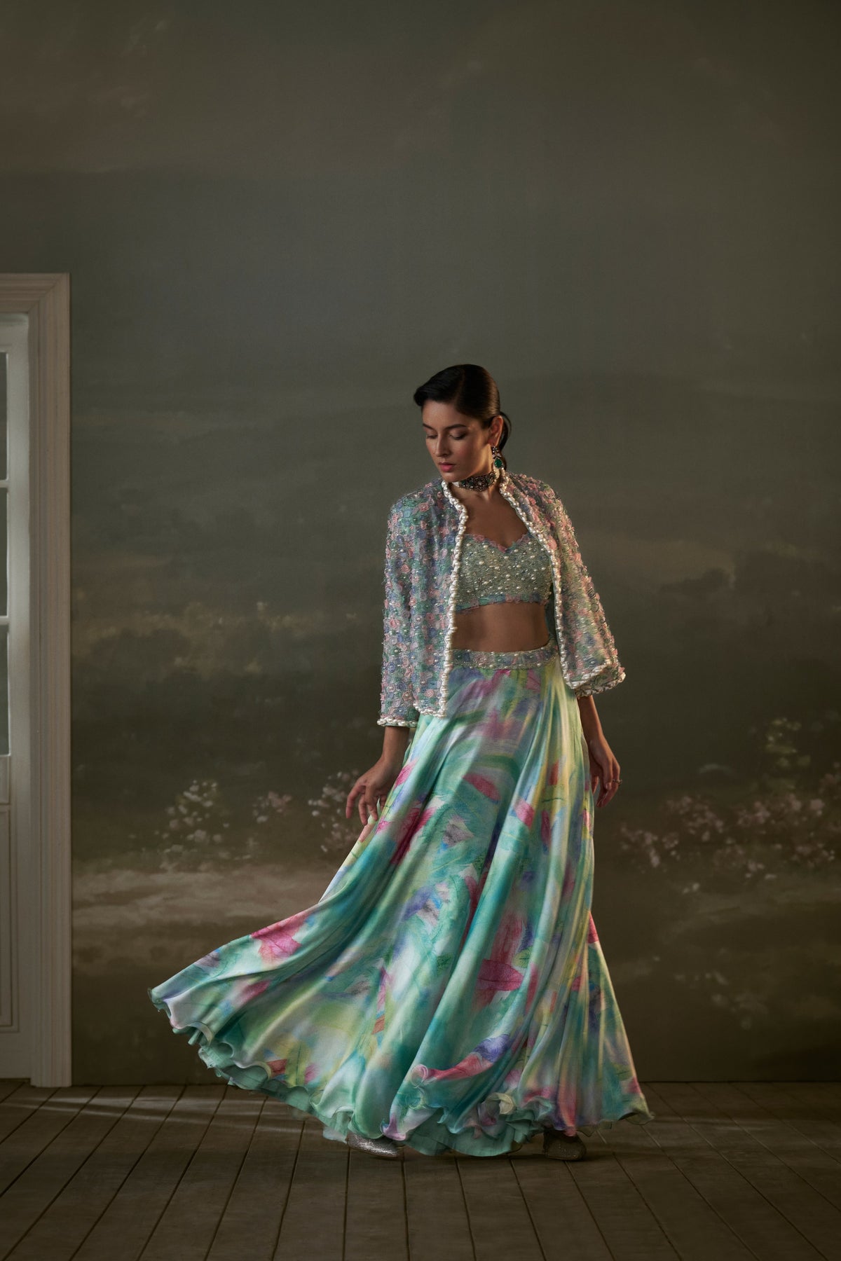 Turquoise Lehenga Choli Set With Jacket
