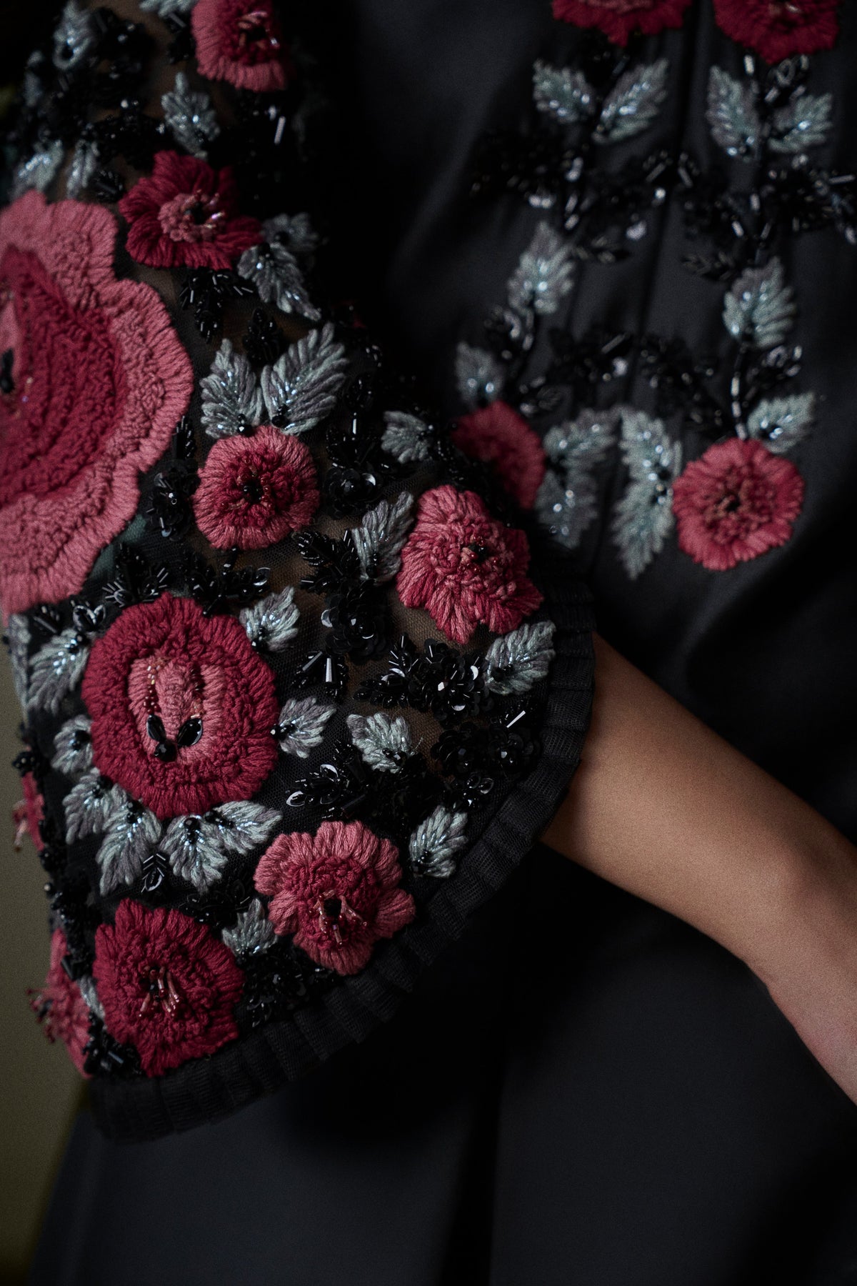 Floral Embroidered Black Long Dress With Short Jacket And Trouser