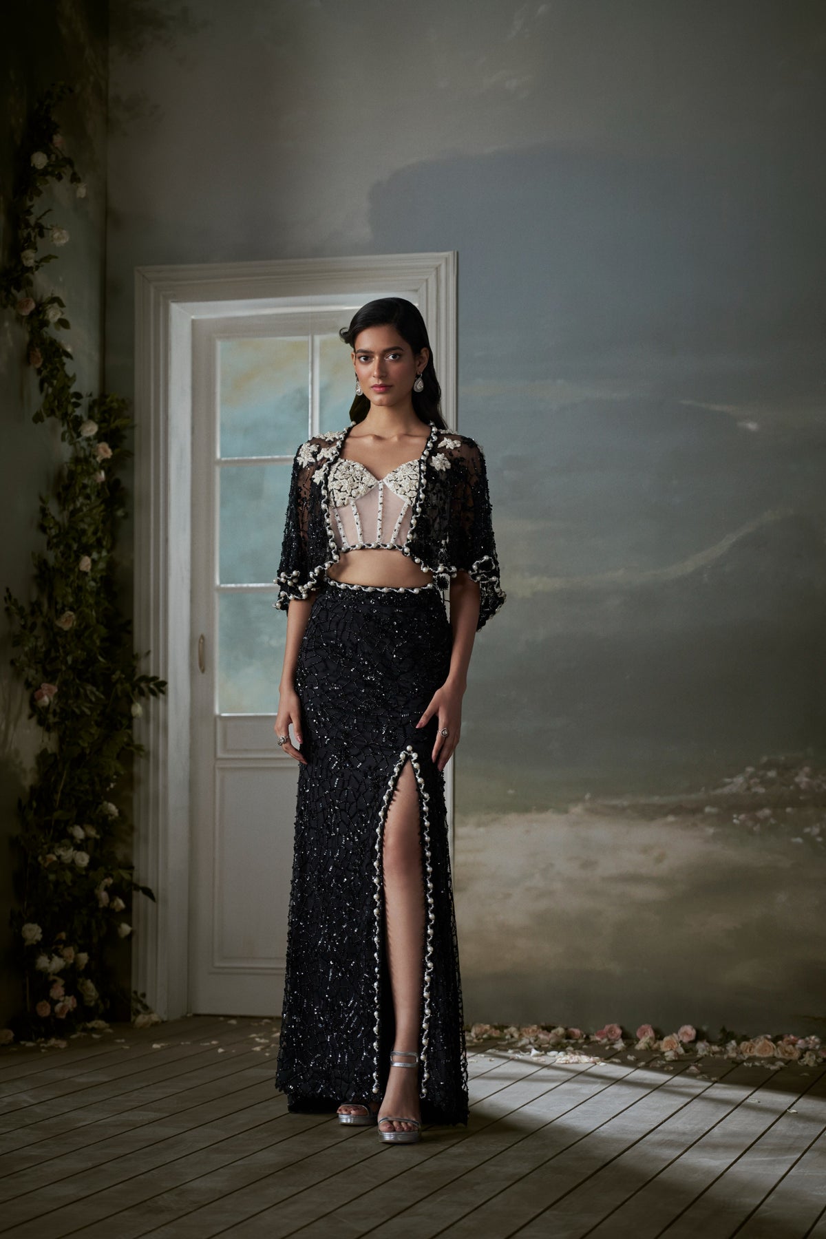 Black Skirt And Jacket Set With Ivory Corset