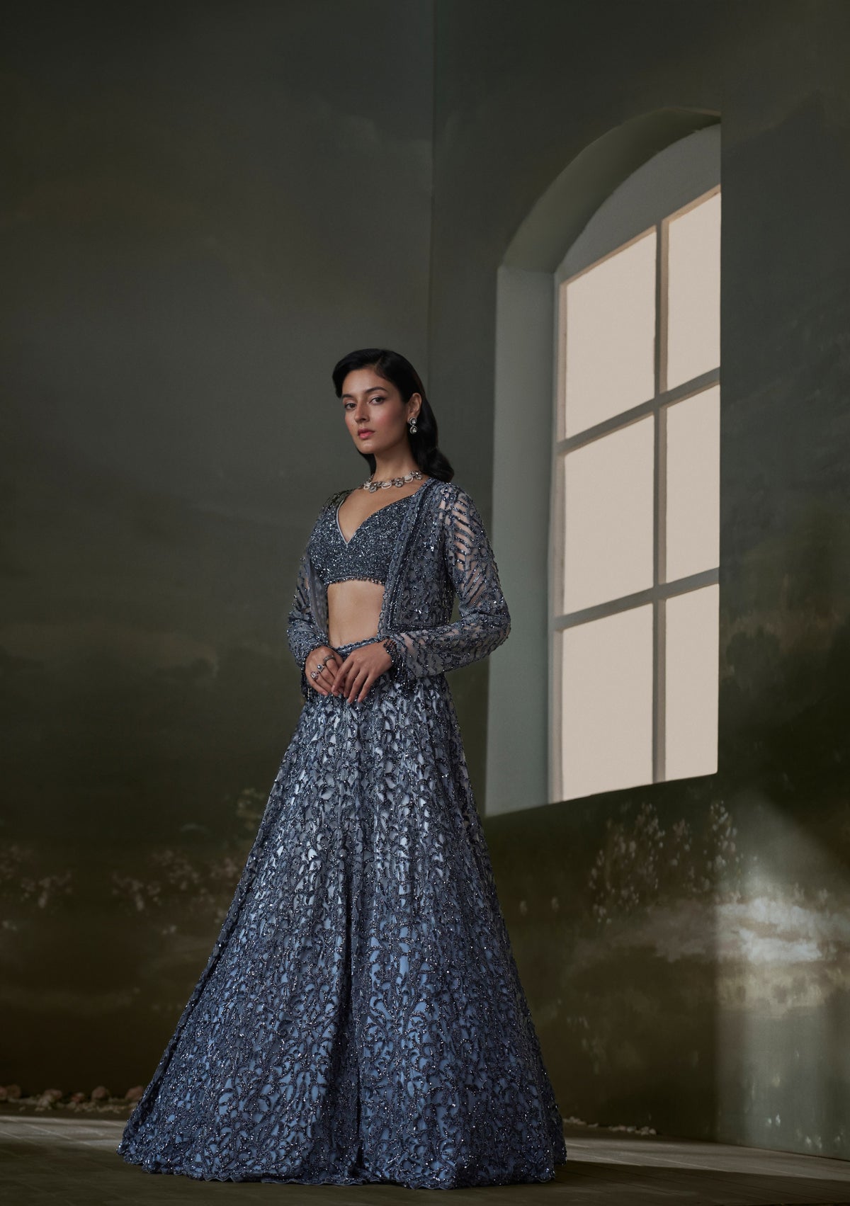 Stone Grey Lehenga Choli Set With Jacket