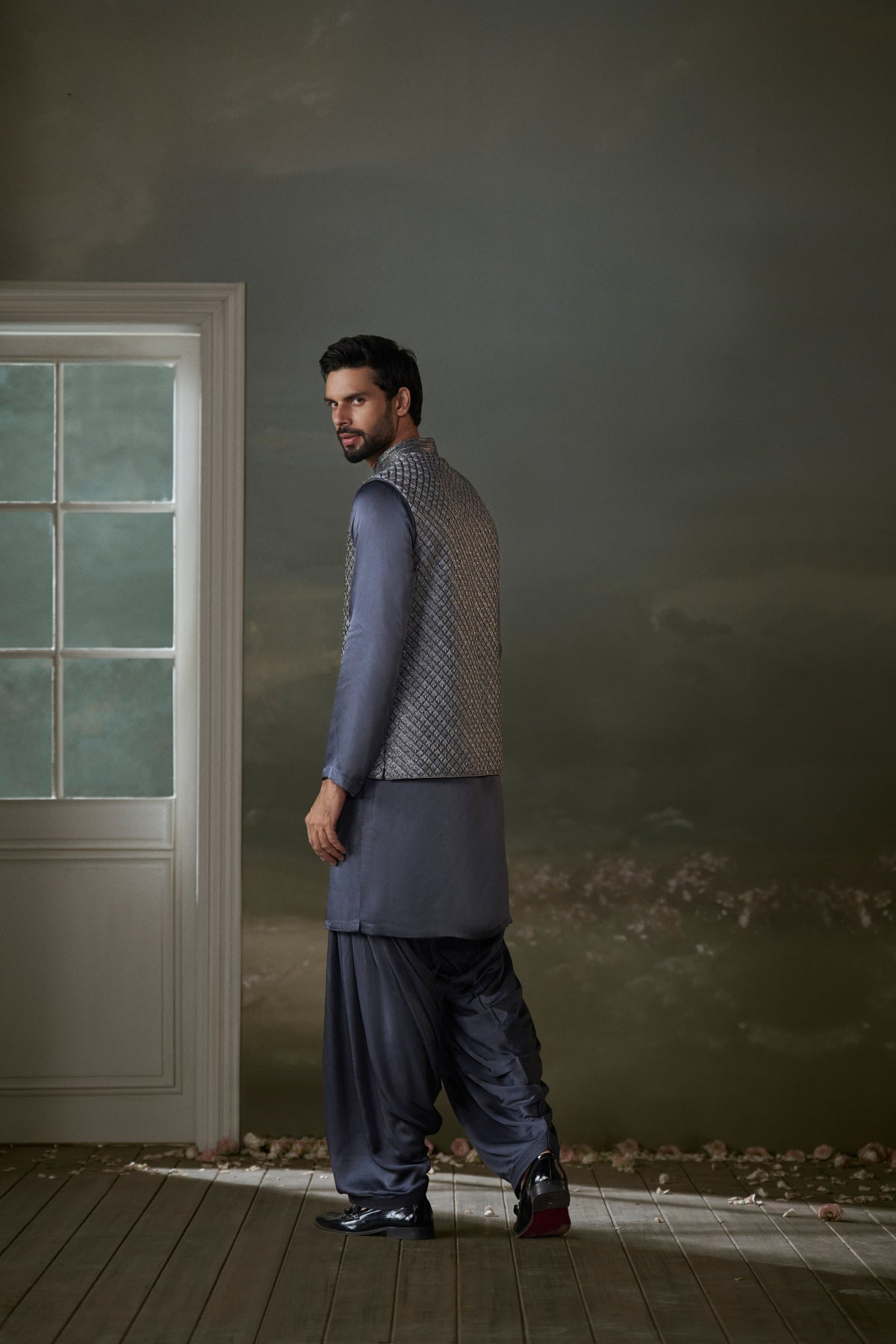 GREY RAW SILK BUNDI JACKET WITH KURTA AND SALWAR
