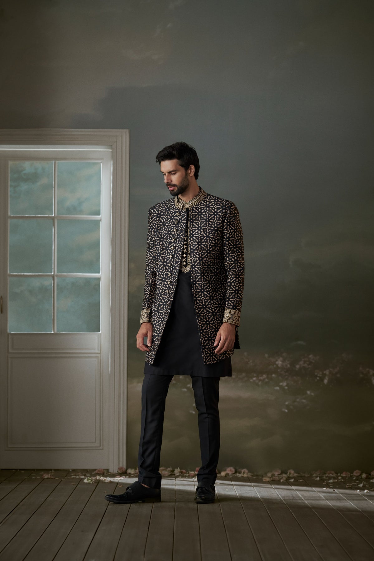 BLACK AND BEIGE PRINTED ACHKAN WITH KURTA AND TROUSER
