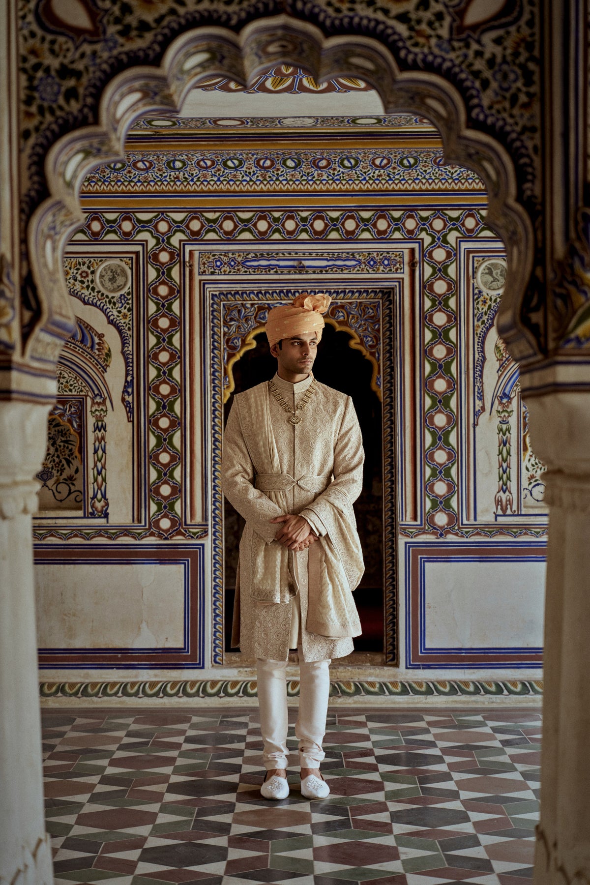 MUSHROOM RAW SILK SHERWANI WITH COTTON SILK KURTA AND CHURIDAR WITH OPTIONAL STOLE, BELT AND WORKED JUTIS