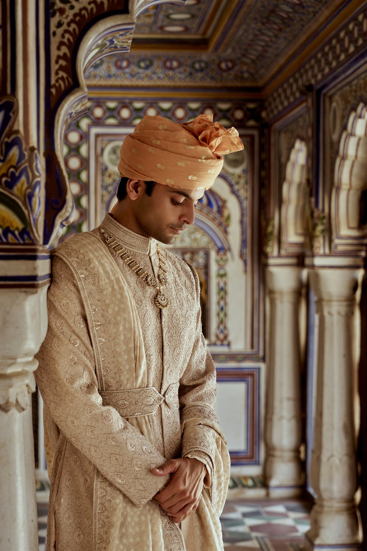 MUSHROOM RAW SILK SHERWANI WITH COTTON SILK KURTA AND CHURIDAR WITH OPTIONAL STOLE, BELT AND WORKED JUTIS