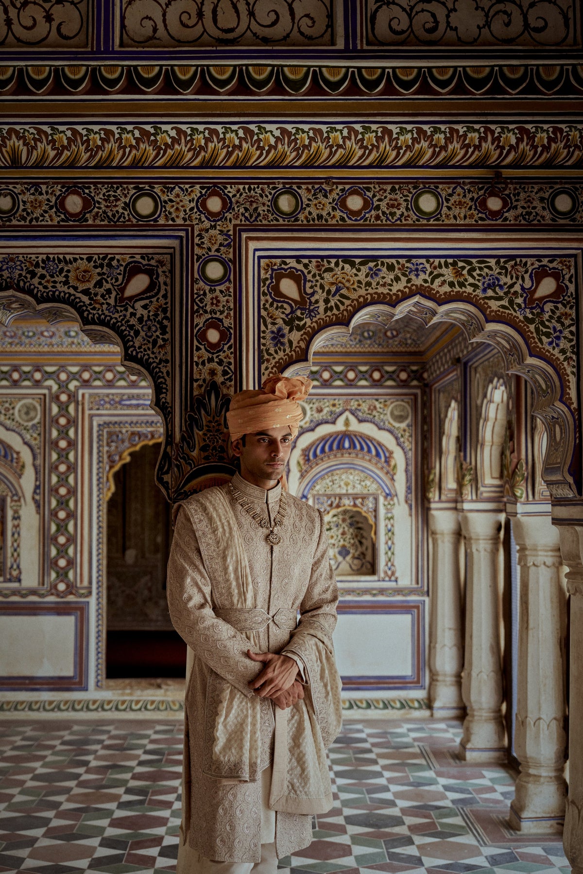 MUSHROOM RAW SILK SHERWANI WITH COTTON SILK KURTA AND CHURIDAR WITH OPTIONAL STOLE, BELT AND WORKED JUTIS