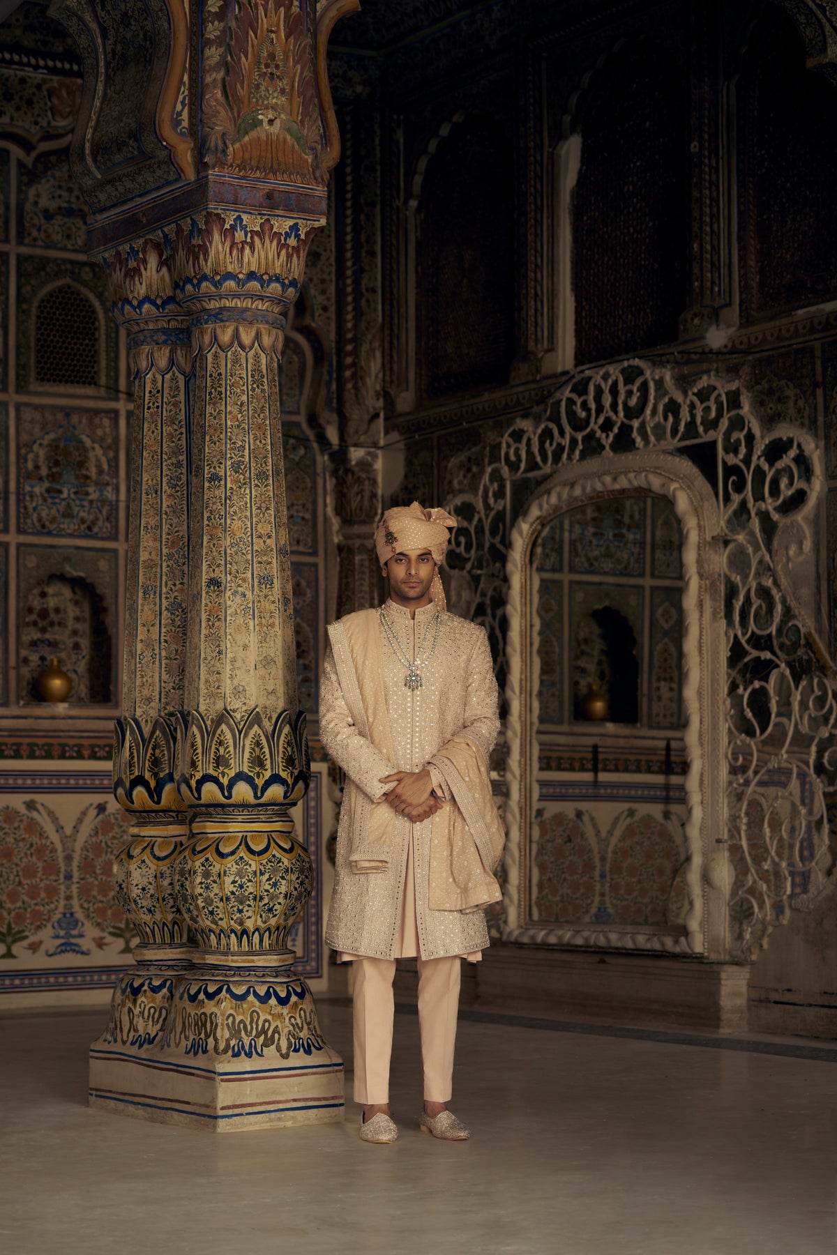 PEACH RAW SILK SHERWANI WITH KURTA AND TROUSER WITH OPTIONAL WORKED STOLE, BELT AND JUTIS