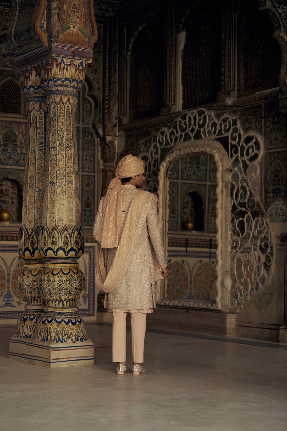 PEACH RAW SILK SHERWANI WITH KURTA AND TROUSER WITH OPTIONAL WORKED STOLE, BELT AND JUTIS