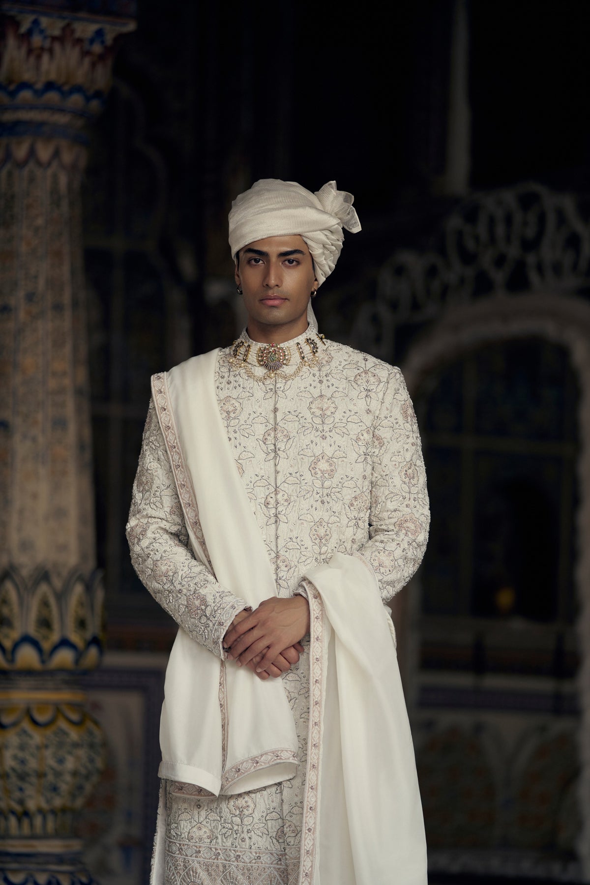 IVORY AND BEIGE RAW SILK SHERWANI SET WITH KURTA AND CHURIDAR WITH OPTIONAL BELT, STOLE AND JUTIS