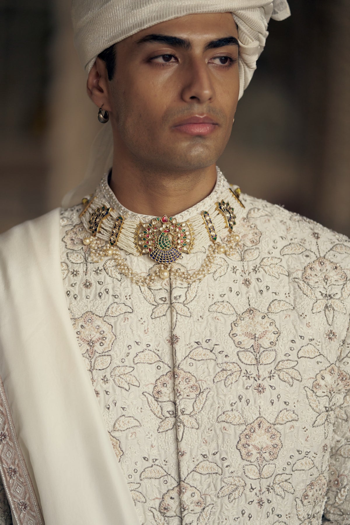 IVORY AND BEIGE RAW SILK SHERWANI SET WITH KURTA AND CHURIDAR WITH OPTIONAL BELT, STOLE AND JUTIS