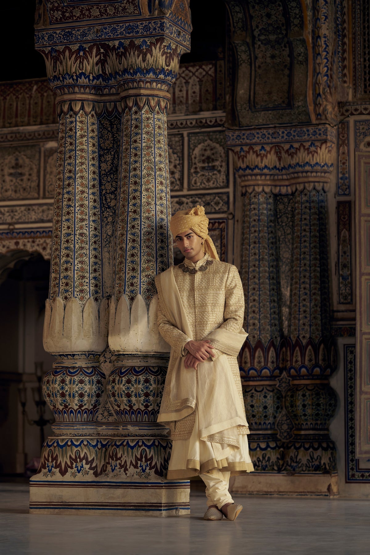 GOLD SHERWANI SET WITH CHOGA AND CHURIDAR WITH OPTIONAL WORKED STOLE AND JUTIS