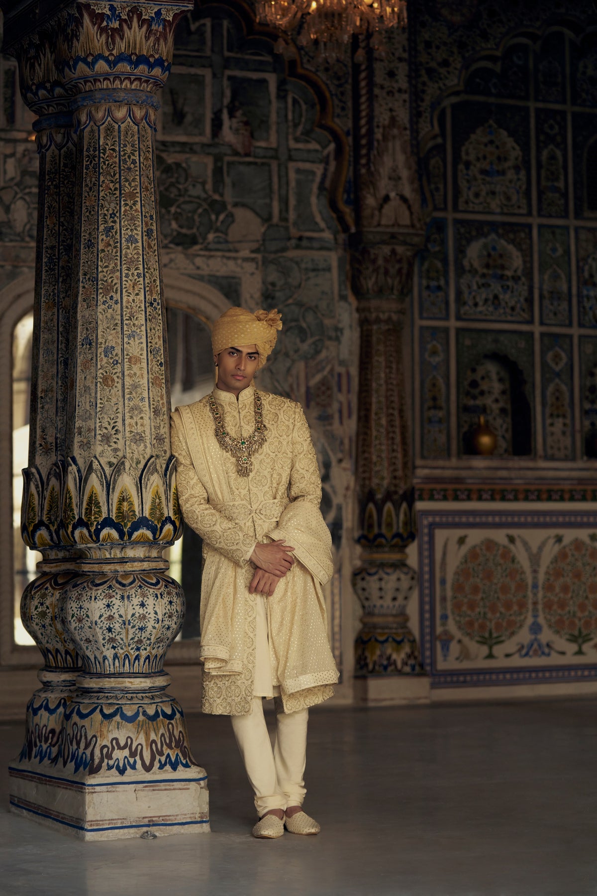 GOLD RAW SILK SHERWANI WITH KURTA AND CHURIDAR WITH OPTIONAL WORKED BELT, STOLE AND JUTIS