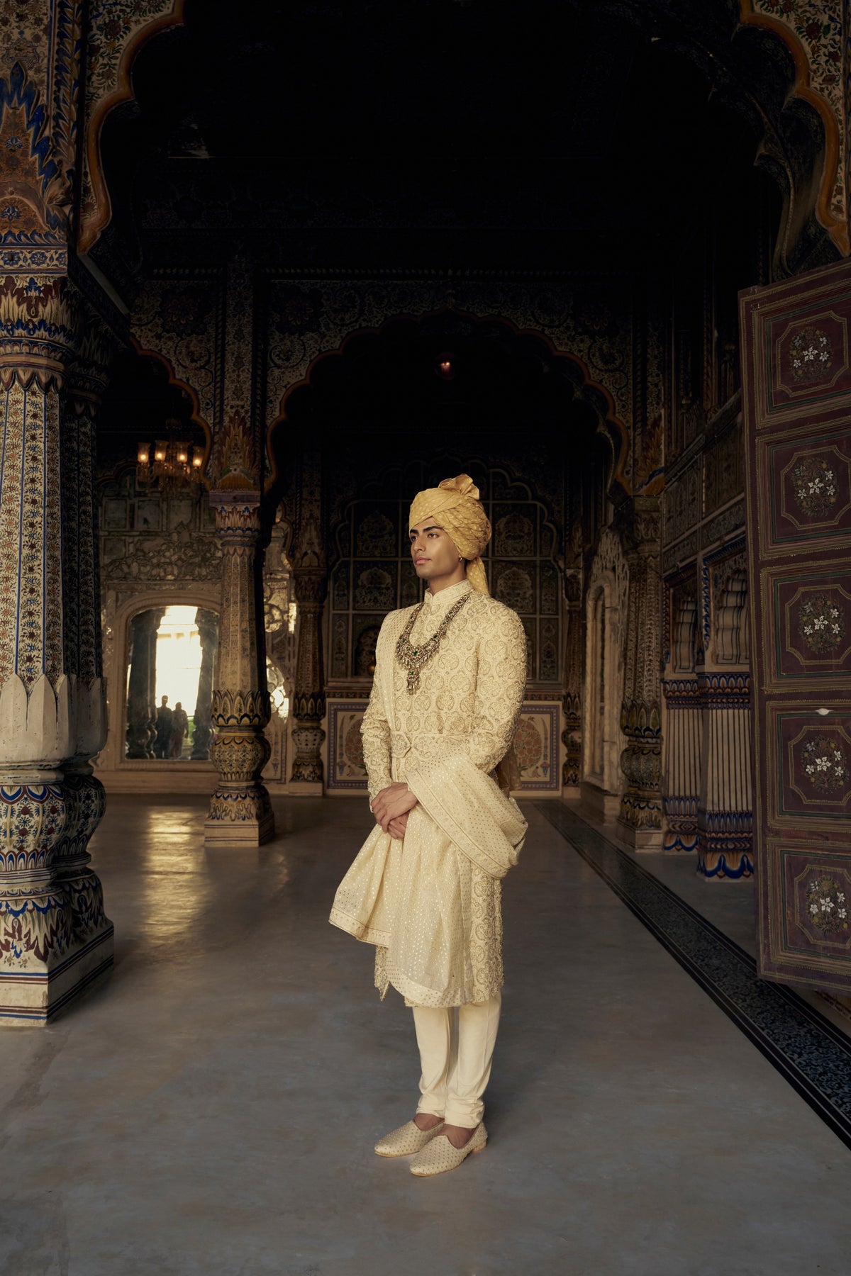 GOLD RAW SILK SHERWANI WITH KURTA AND CHURIDAR WITH OPTIONAL WORKED BELT, STOLE AND JUTIS