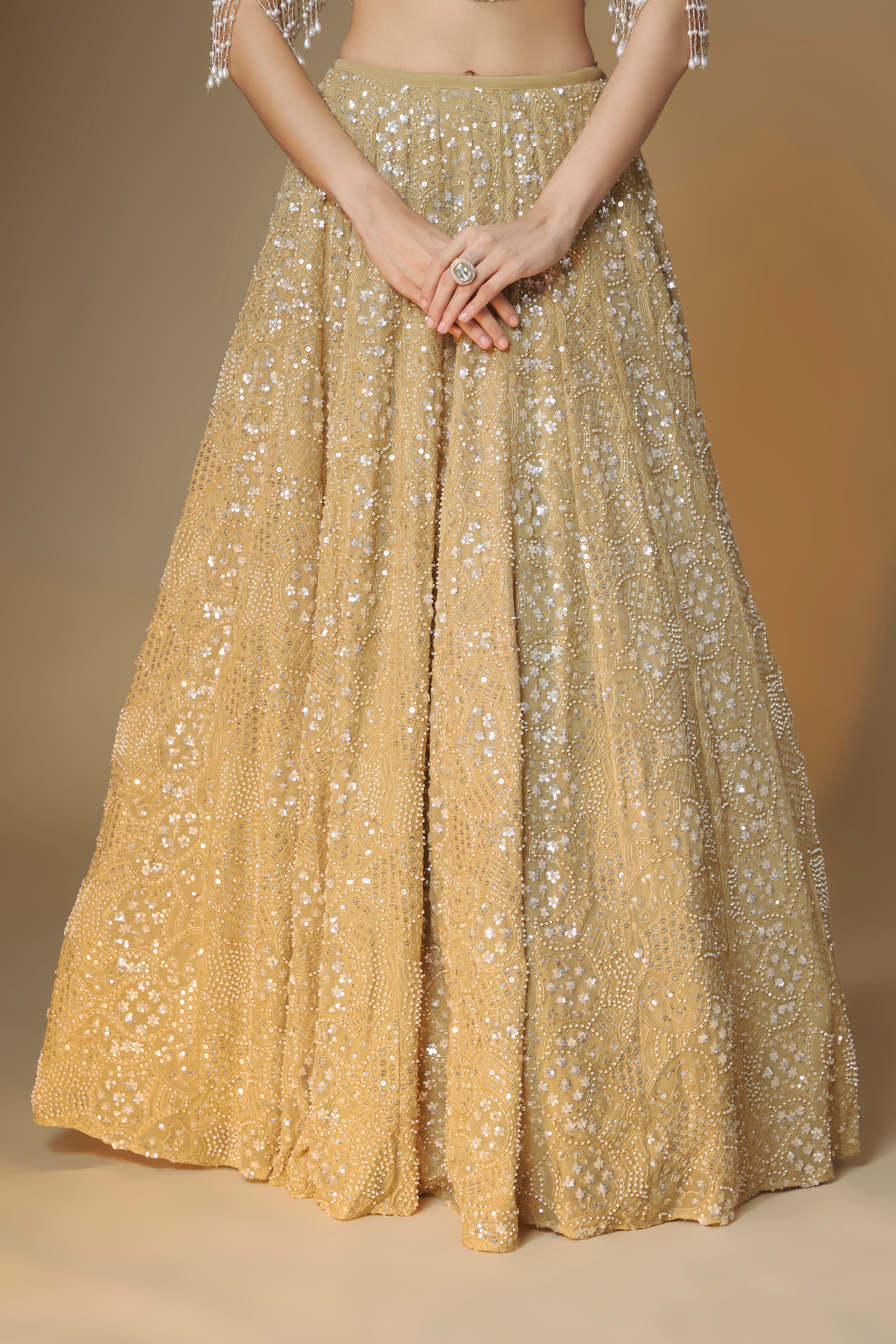 Champagne gold embroidered lehenga and bustier blouse set