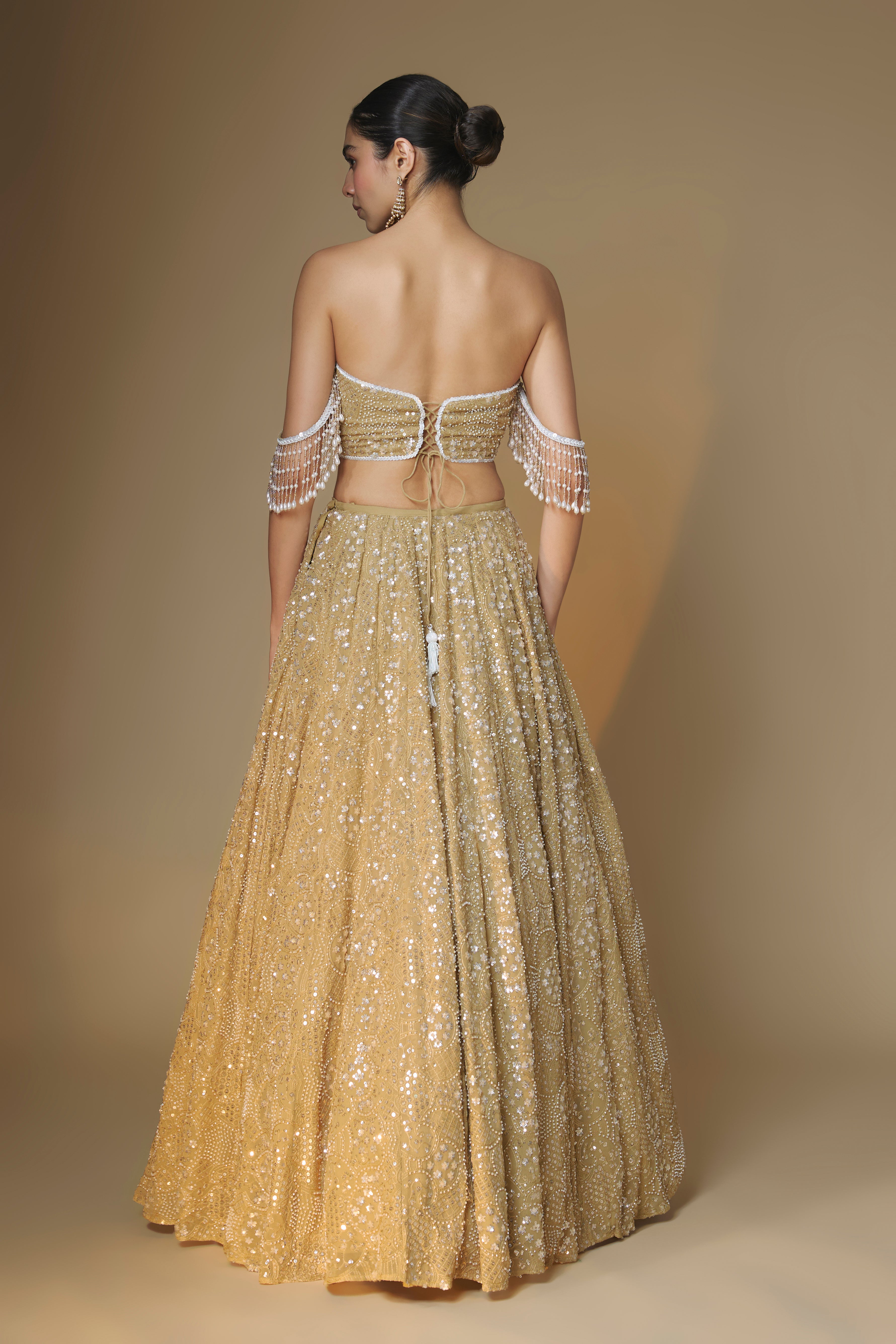 Champagne gold embroidered lehenga and bustier blouse set