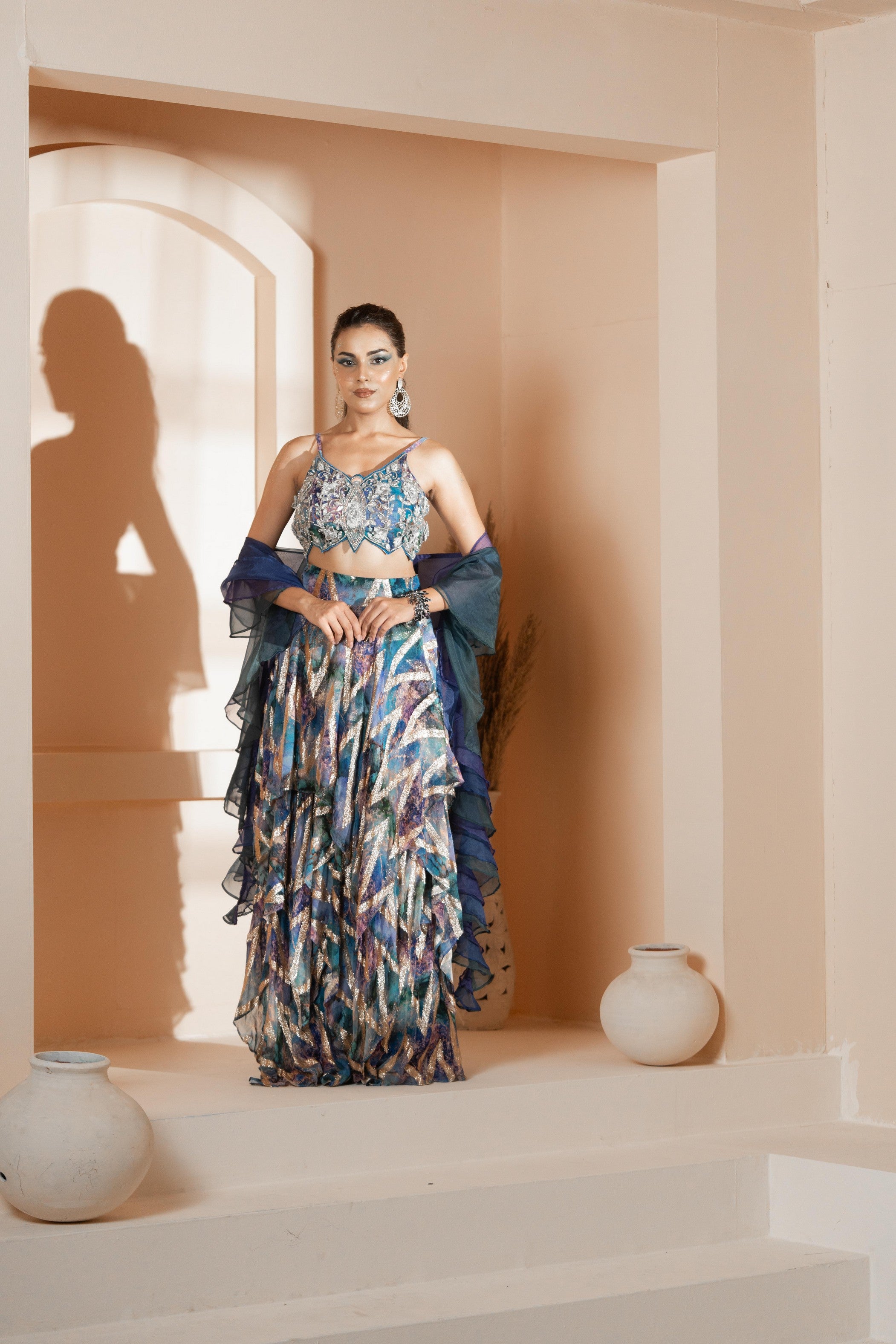 Morni: Signatre Layered Skirt with Blouse & Ruffle Dupatta