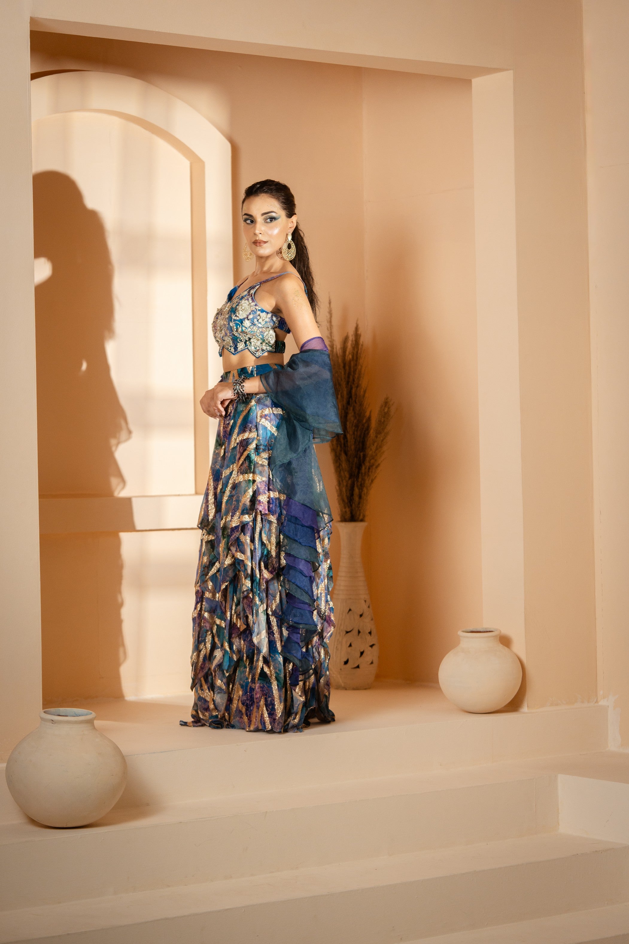 Morni: Signatre Layered Skirt with Blouse & Ruffle Dupatta