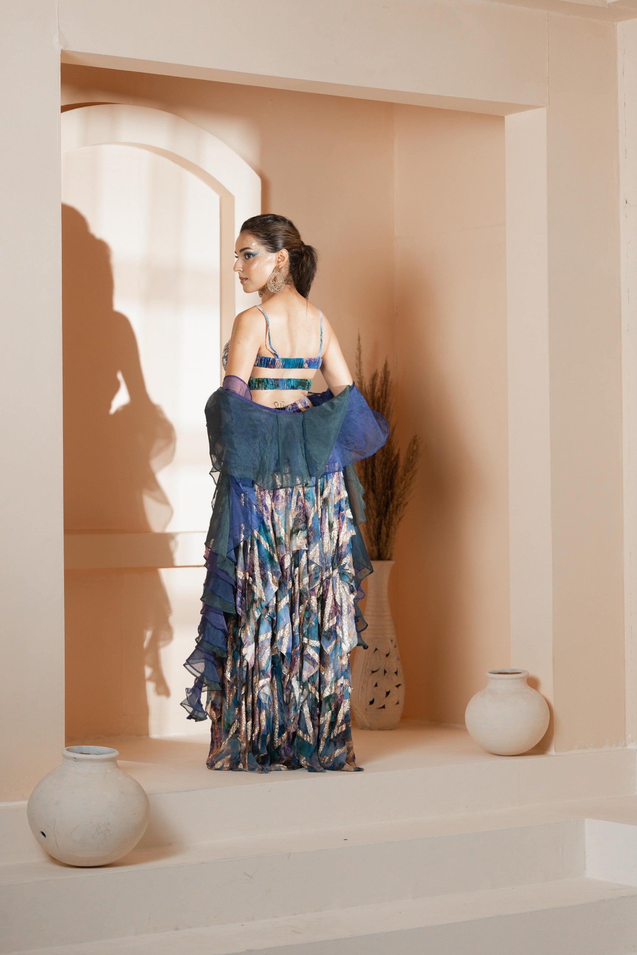 Morni: Signatre Layered Skirt with Blouse & Ruffle Dupatta