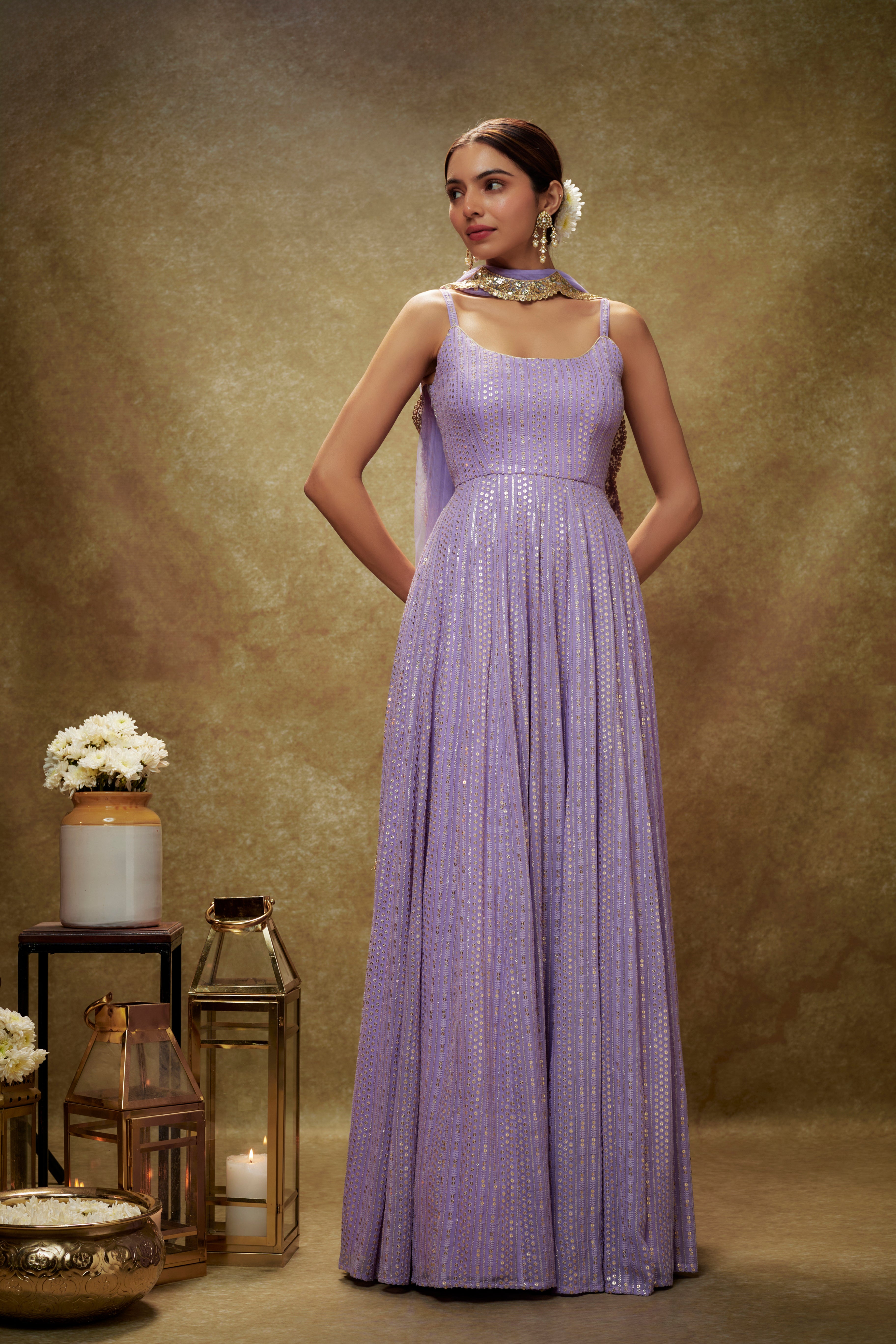 Lavender & gold sequin anarkali gown