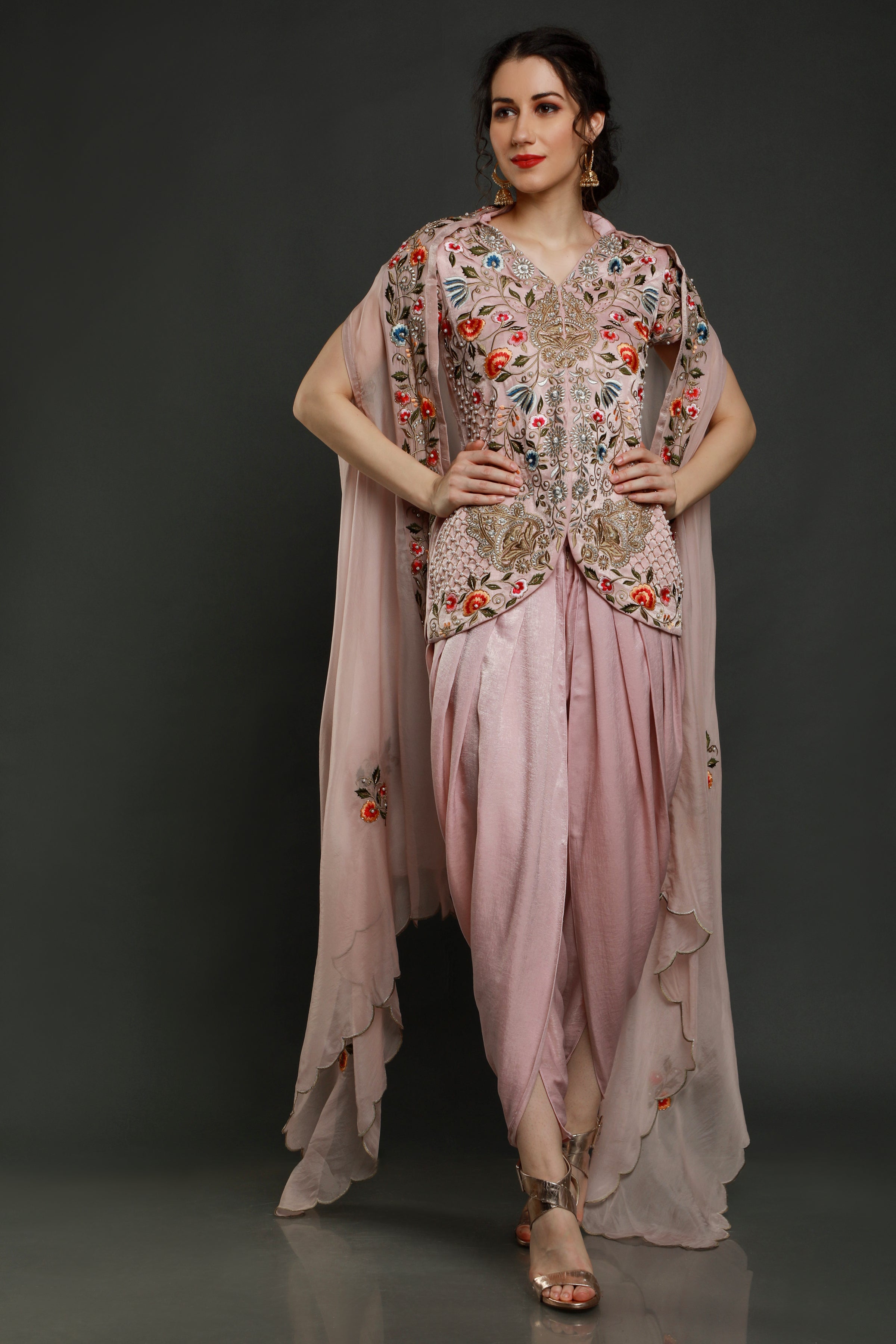 Peony Pink Short kurta with dhoti and cape dupatta