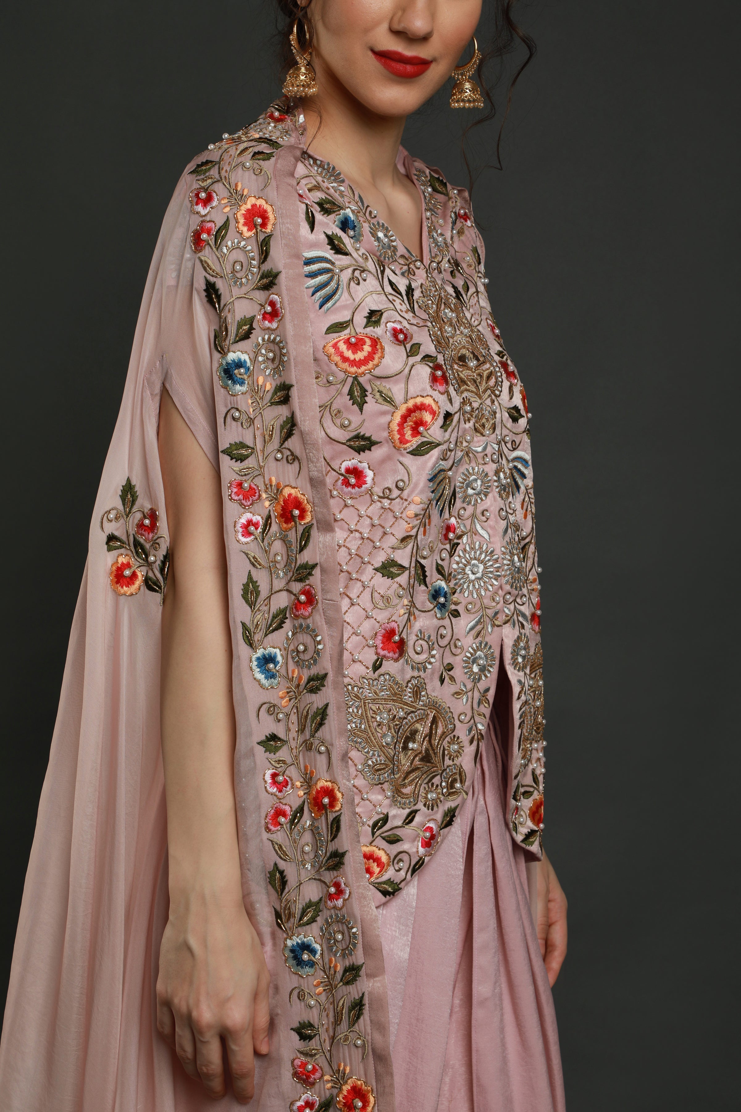 Peony Pink Short kurta with dhoti and cape dupatta