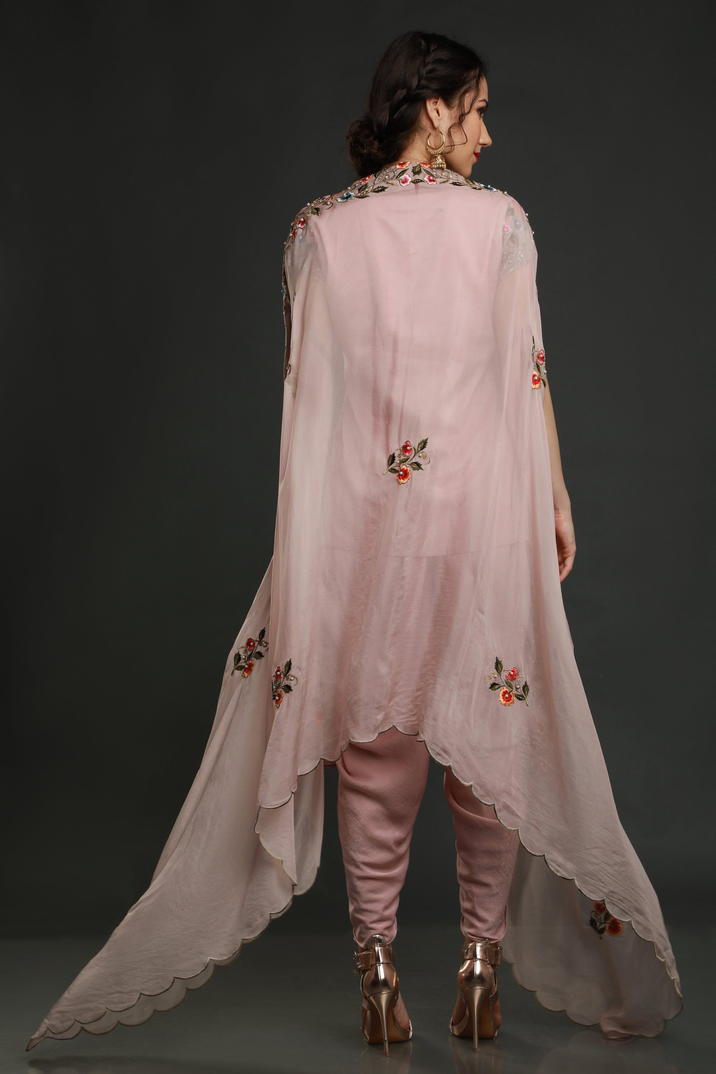 Peony Pink Short kurta with dhoti and cape dupatta