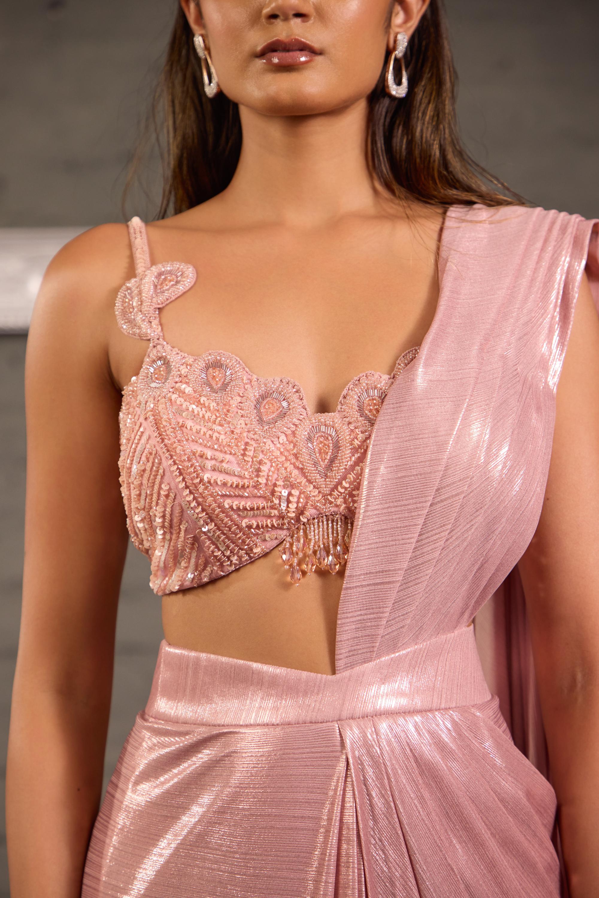 Pink Cutwork Blouse With Metallic Drape Saree