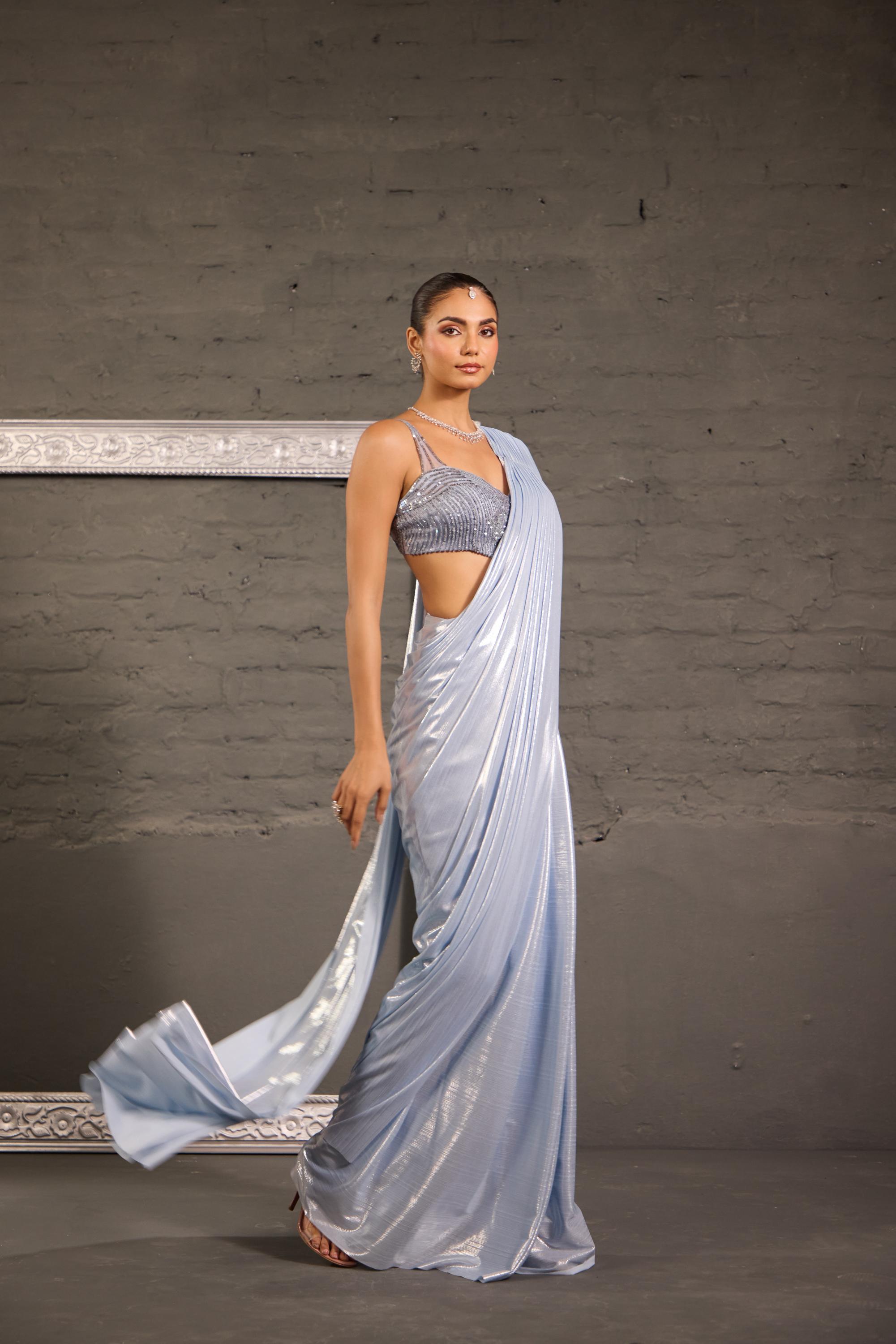 Hand Embroidered Grey Blouse With Metallic Drape Saree
