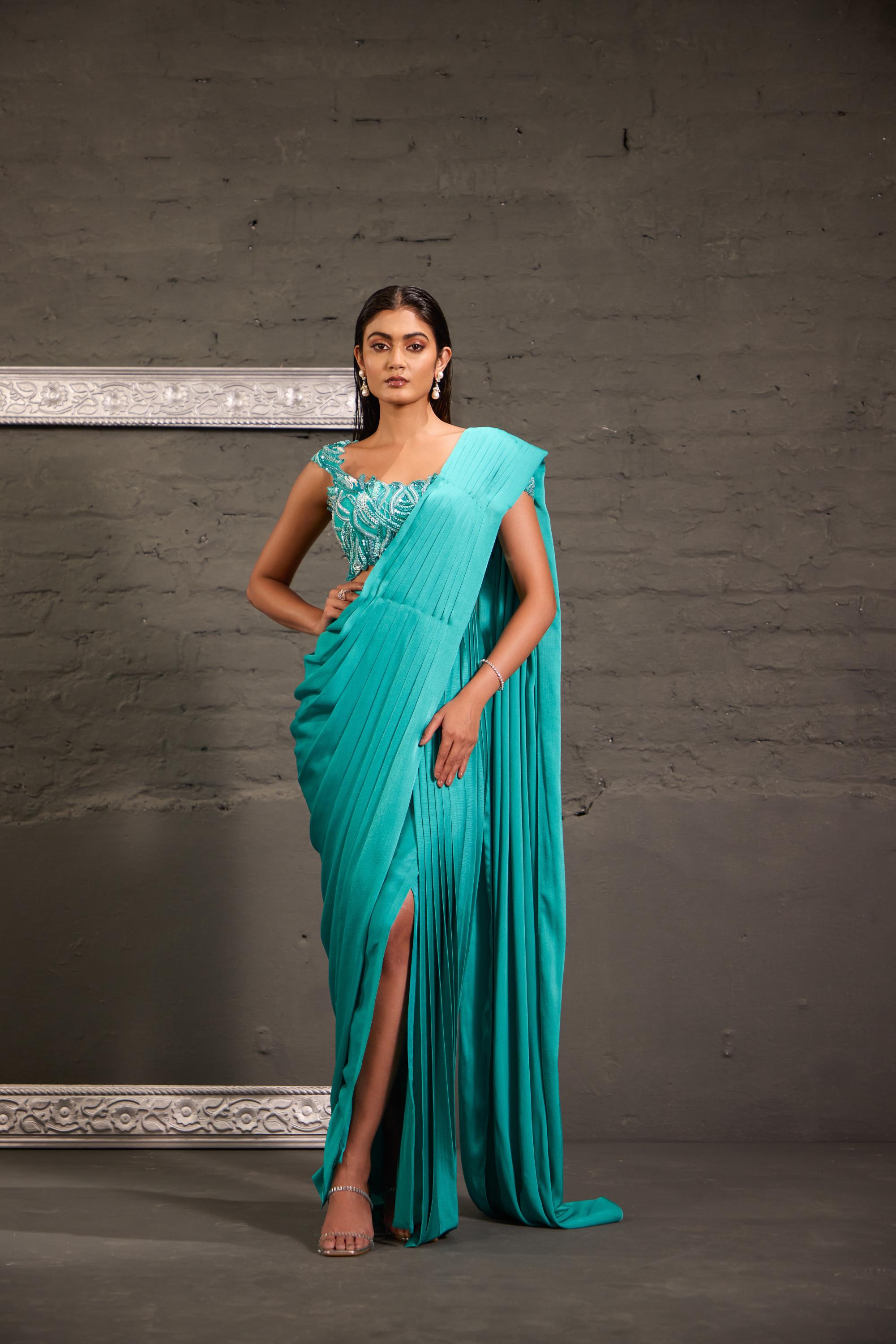 Cutwork Aqua Blue Blouse With Drape Saree